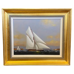 Paesaggio marino con yacht in regata al largo della costa, di Vern Broe (1930 - 2011), anni '90 ca.