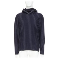 SEASE Drone Hood navy virgin wool cashmere pinstripe trimmed hoodie S