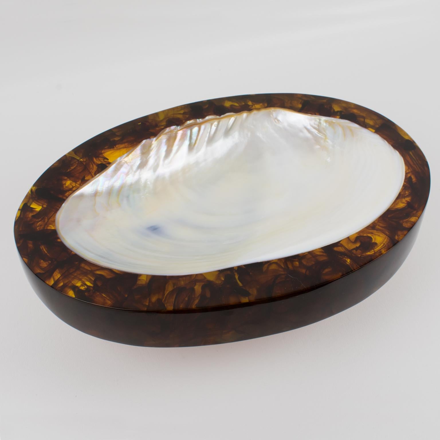 French SeaShell and Rootbeer Resin Desk Tidy Catchall Vide Poche, 1980s For Sale