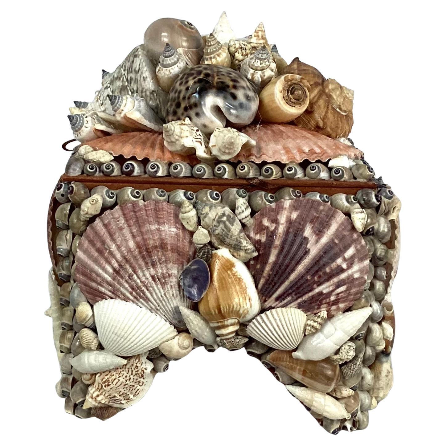 Bohemian Seashell Encrusted Jewelry Box, Vintage Coastal For Sale