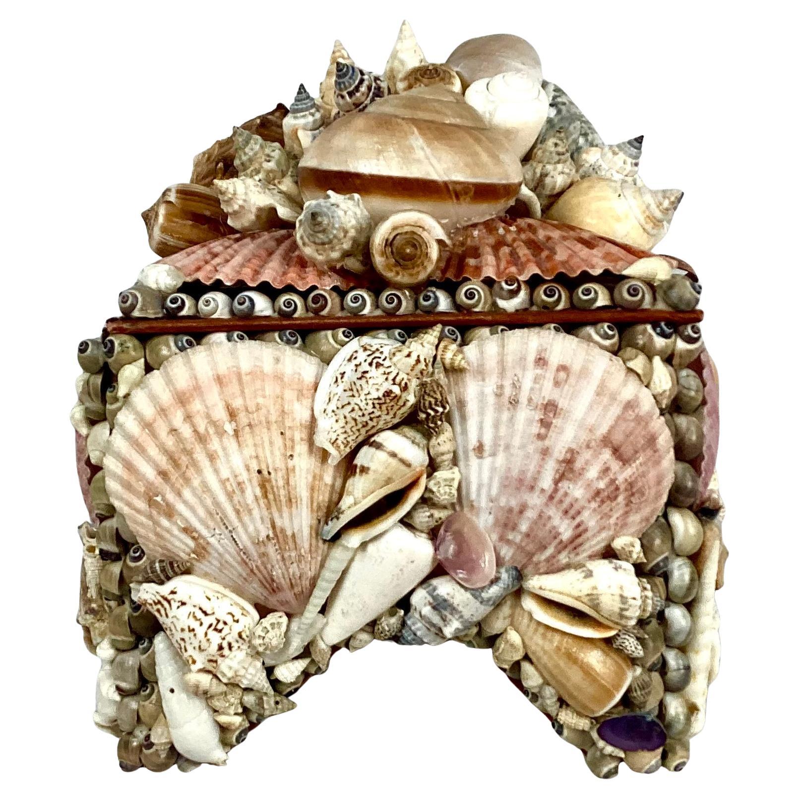 American Seashell Encrusted Jewelry Box, Vintage Coastal For Sale
