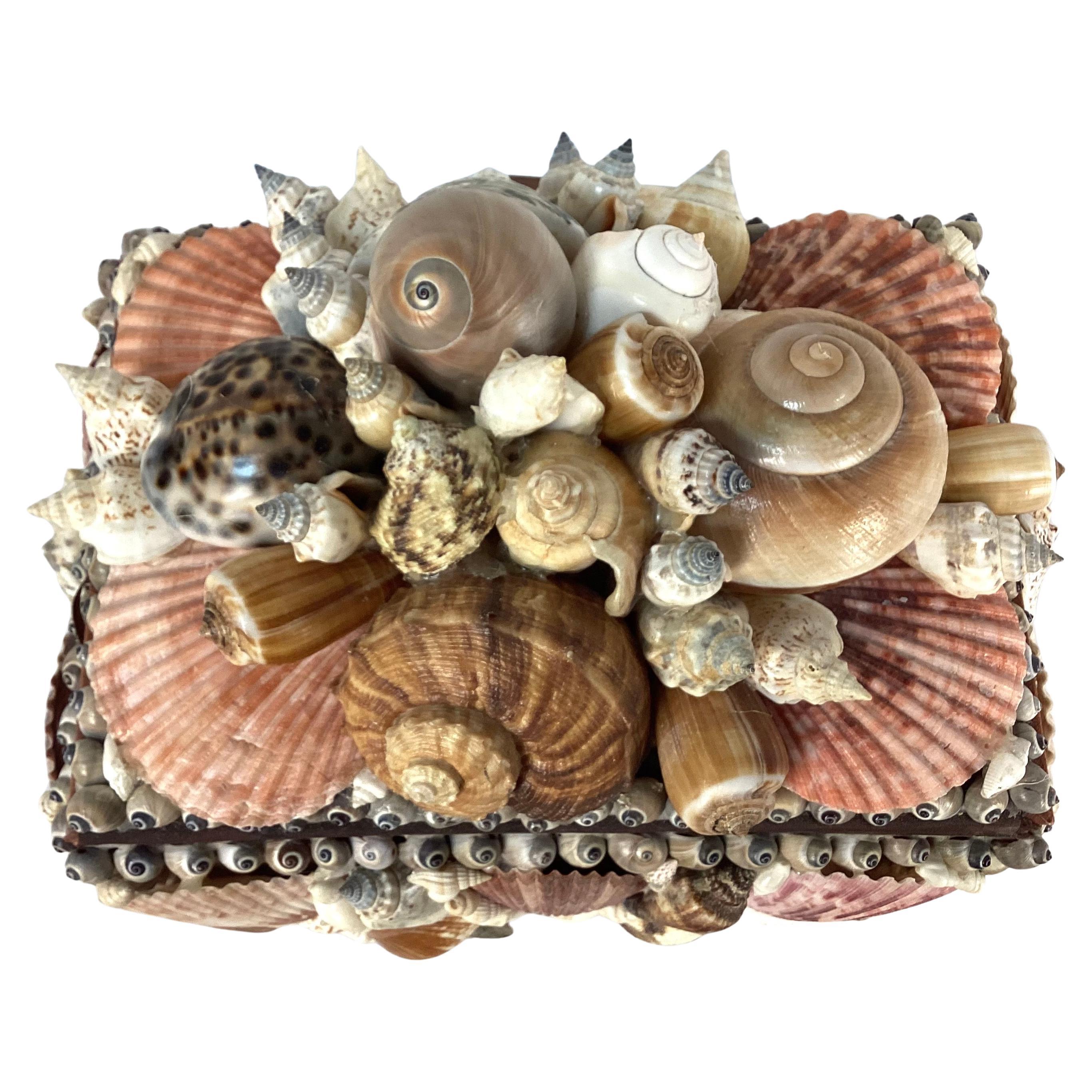 Hand-Crafted Seashell Encrusted Jewelry Box, Vintage Coastal For Sale
