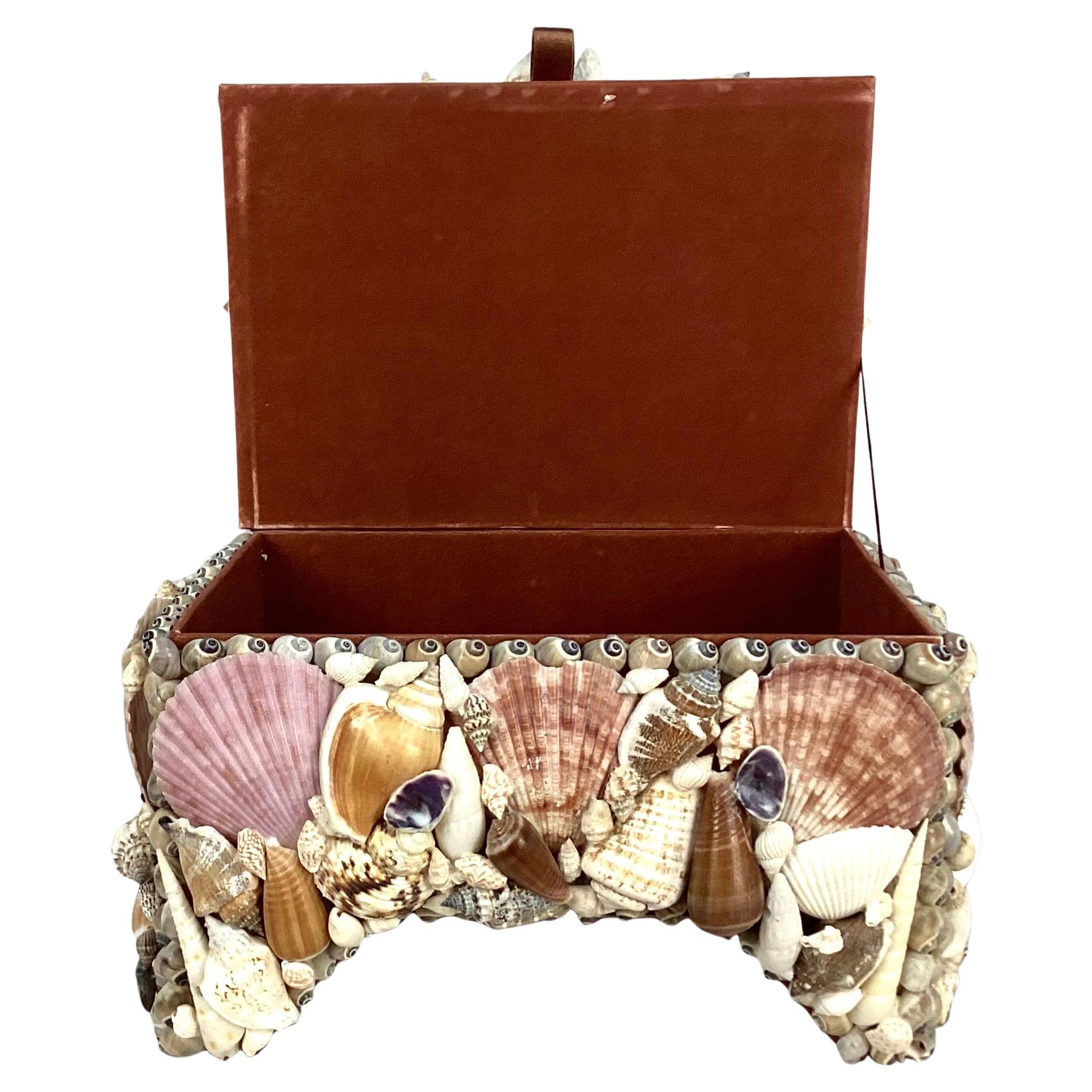 Late 20th Century Seashell Encrusted Jewelry Box, Vintage Coastal For Sale
