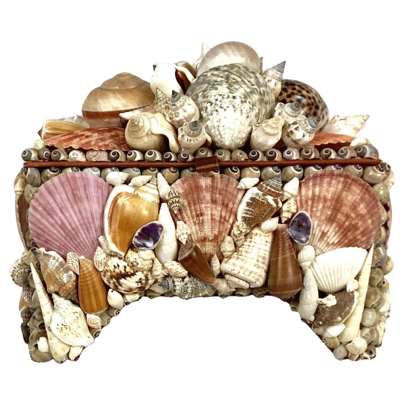 Seashell Encrusted Jewelry Box, Vintage Coastal For Sale at 1stDibs