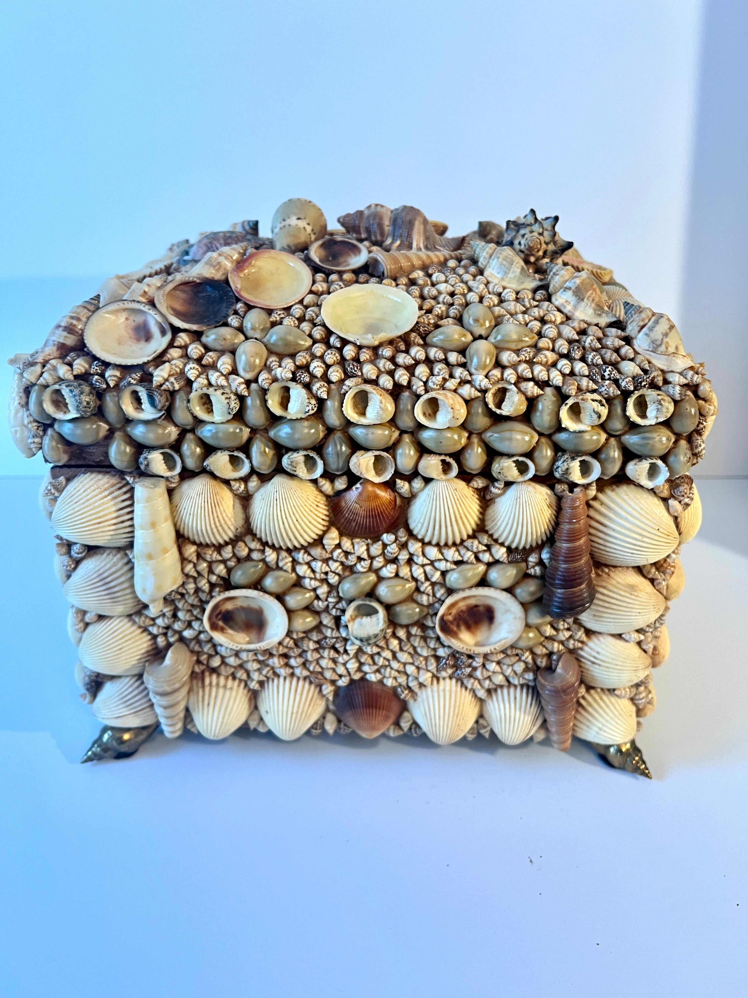 Folk Art Seashell Encrusted Lidded Box with Feet and Handles of Brass Seashells