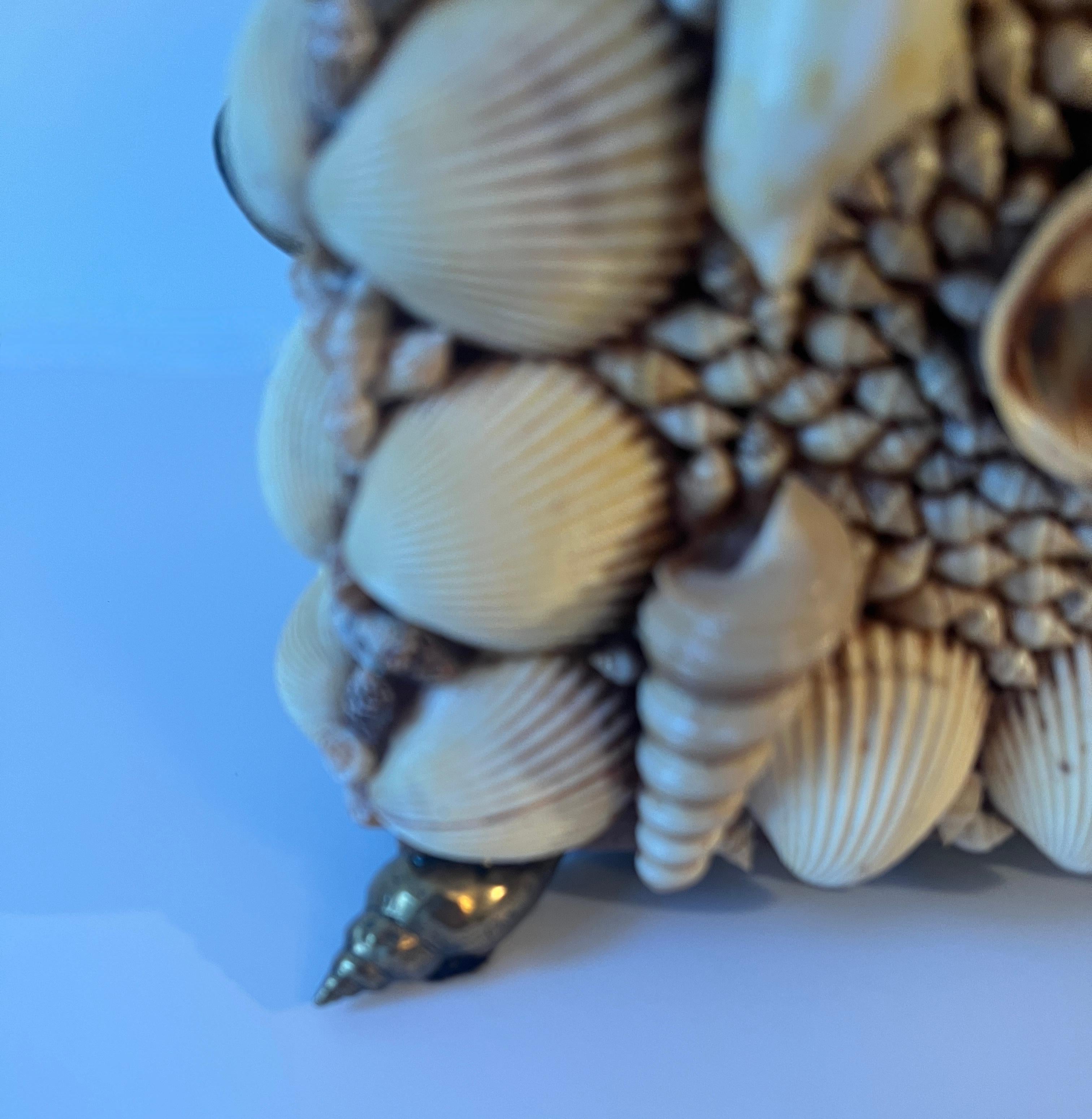 European Seashell Encrusted Lidded Box with Feet and Handles of Brass Seashells