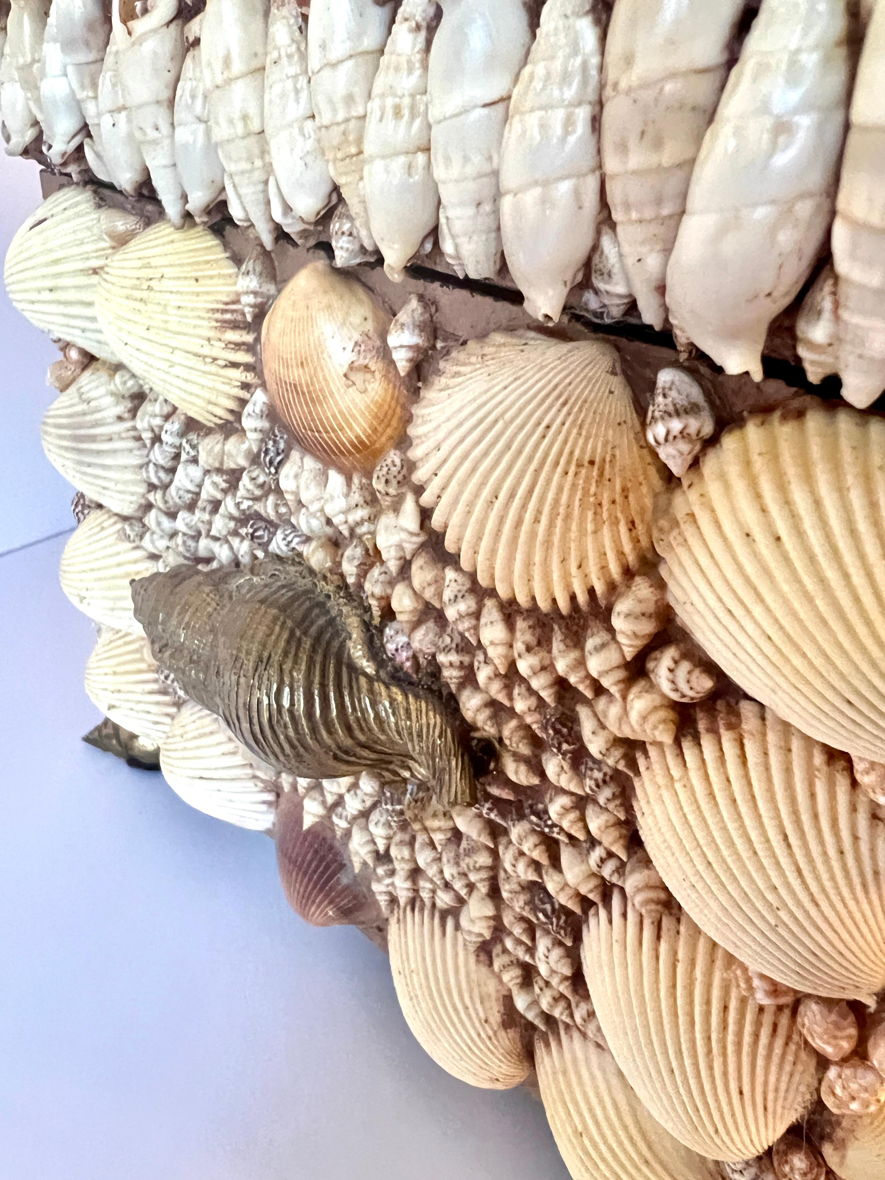 Patinated Seashell Encrusted Lidded Box with Feet and Handles of Brass Seashells