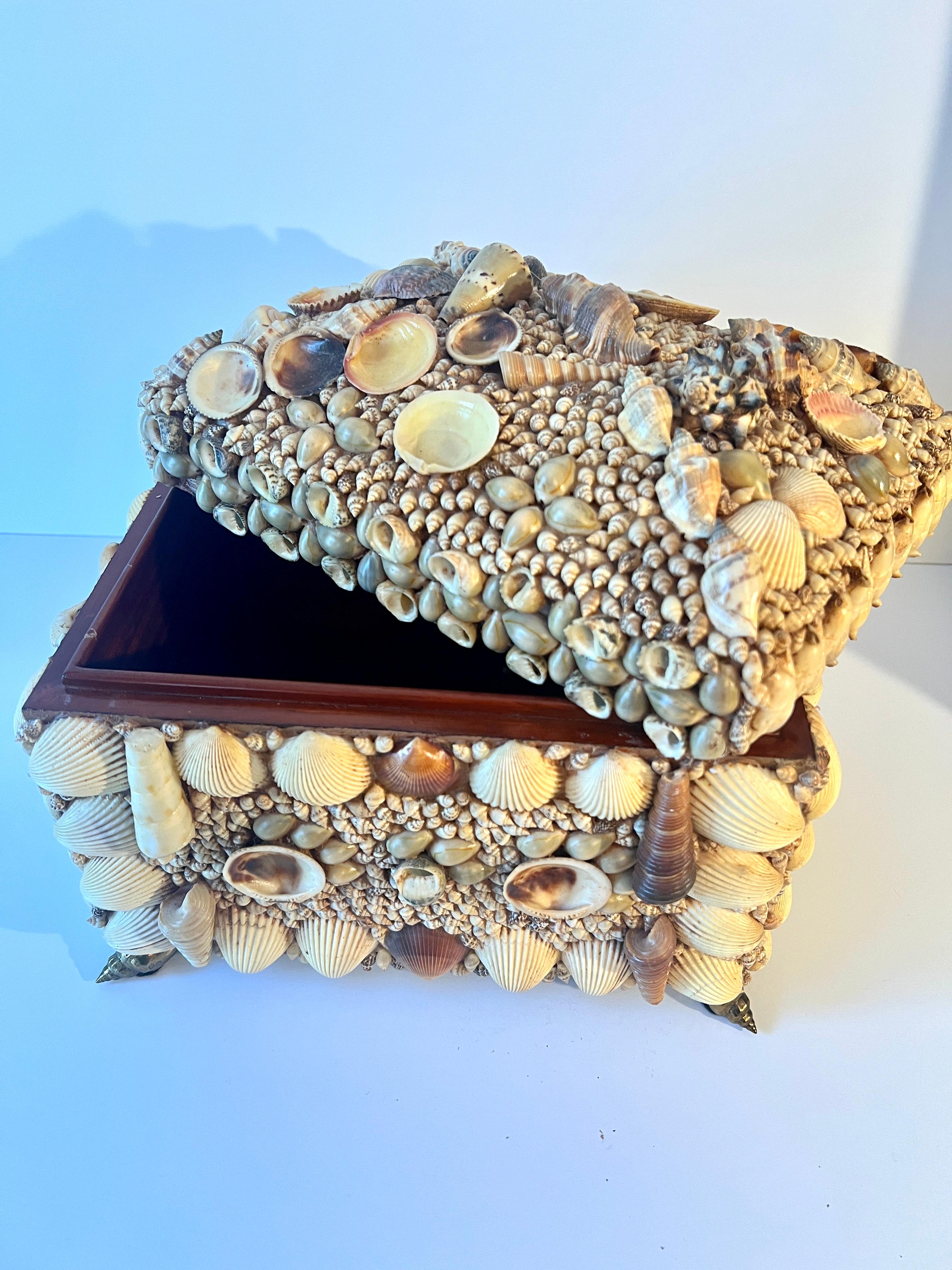 20th Century Seashell Encrusted Lidded Box with Feet and Handles of Brass Seashells