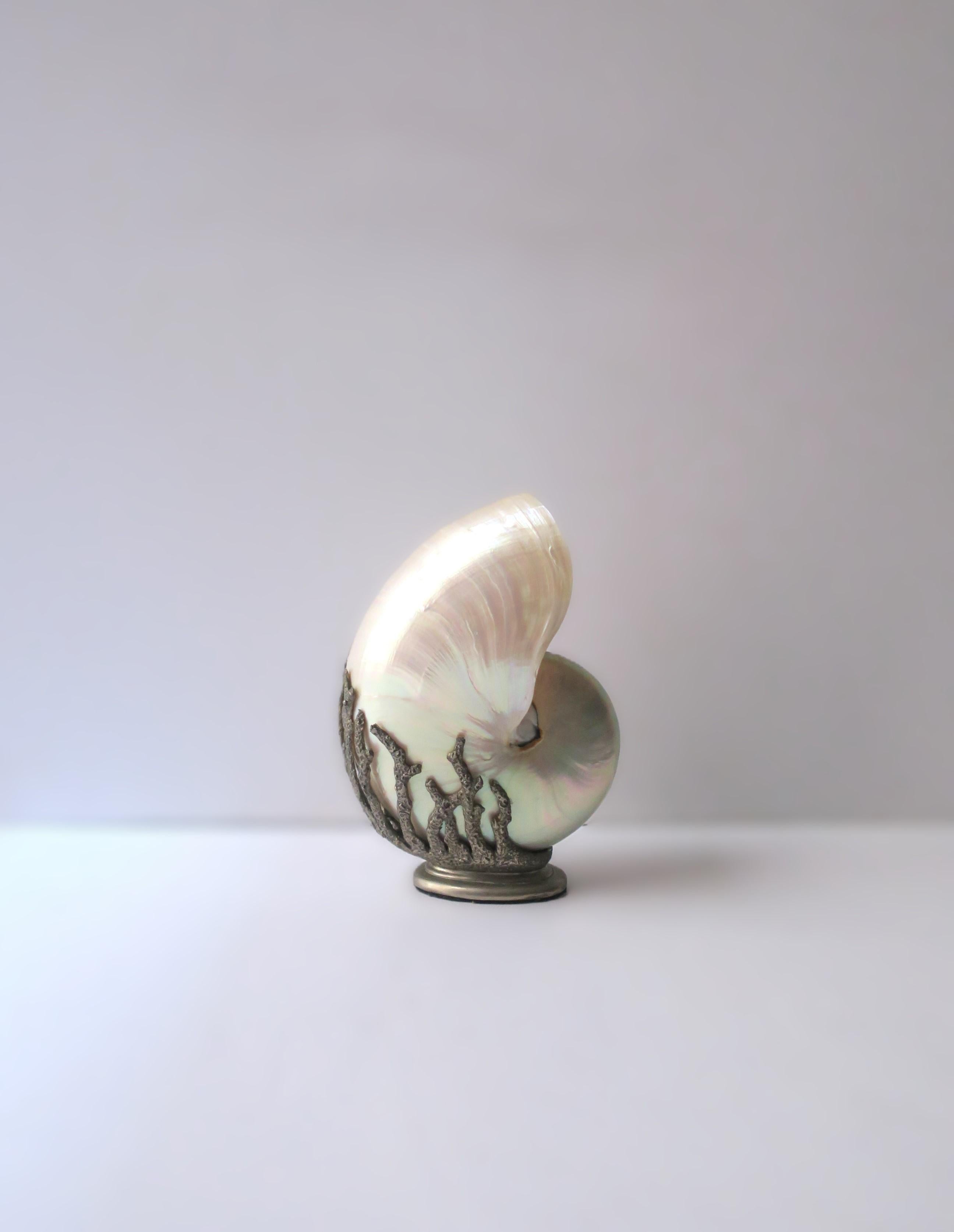 Una preciosa concha marina nautilus blanca natural con diseño de coral. Esta concha marina nautilus de nácar blanco natural está abrazada por una base de metal texturizado con diseño de coral. Un bello objeto decorativo. Una gran pieza para una