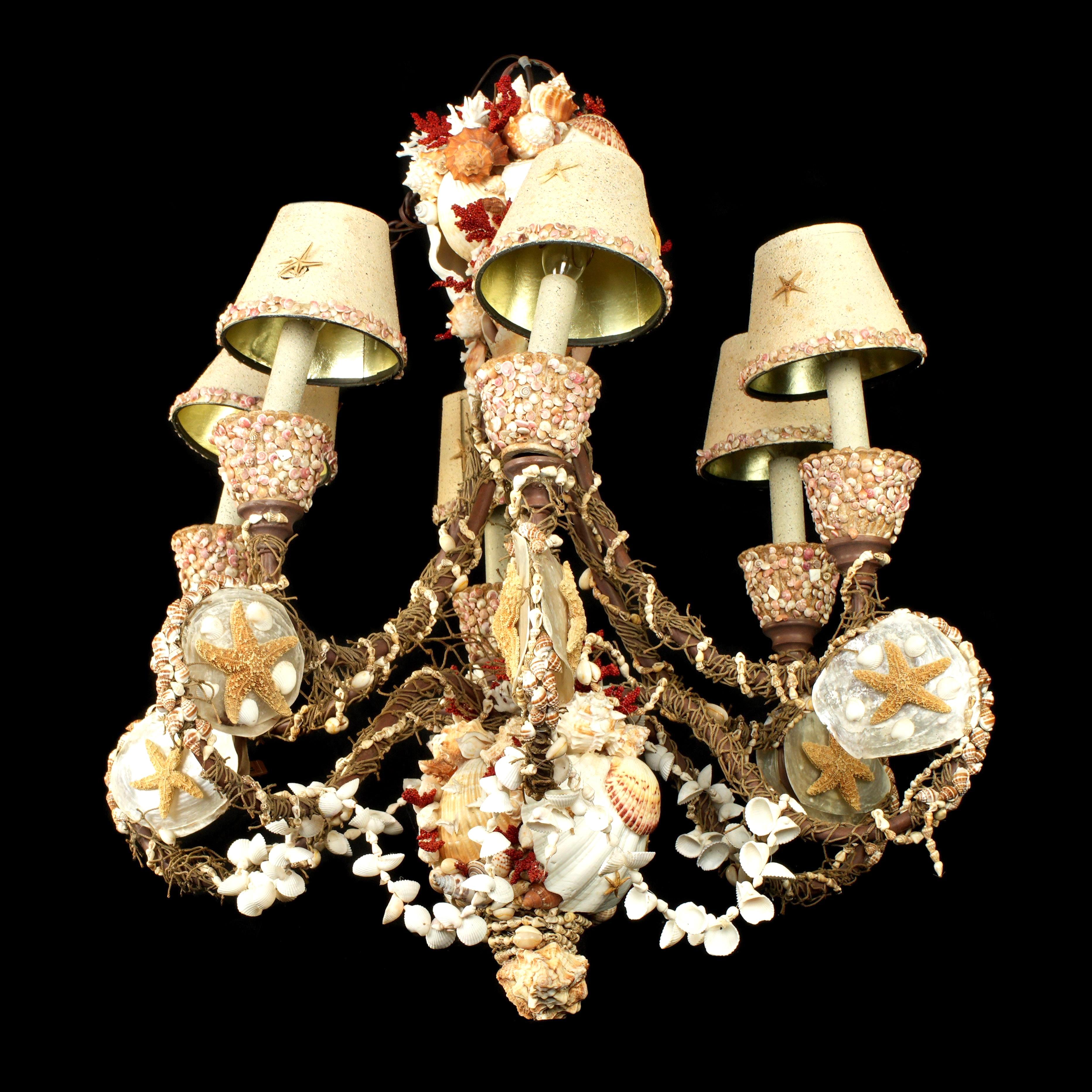 Large custom made Palm Beach Style Seashell Shell Encrusted 6 Arm Chandelier. Six light sea shell chandelier, copper tube frame, six scroll arms, no visible markings. All festooned with applied seashells and netting. Every seashell on this