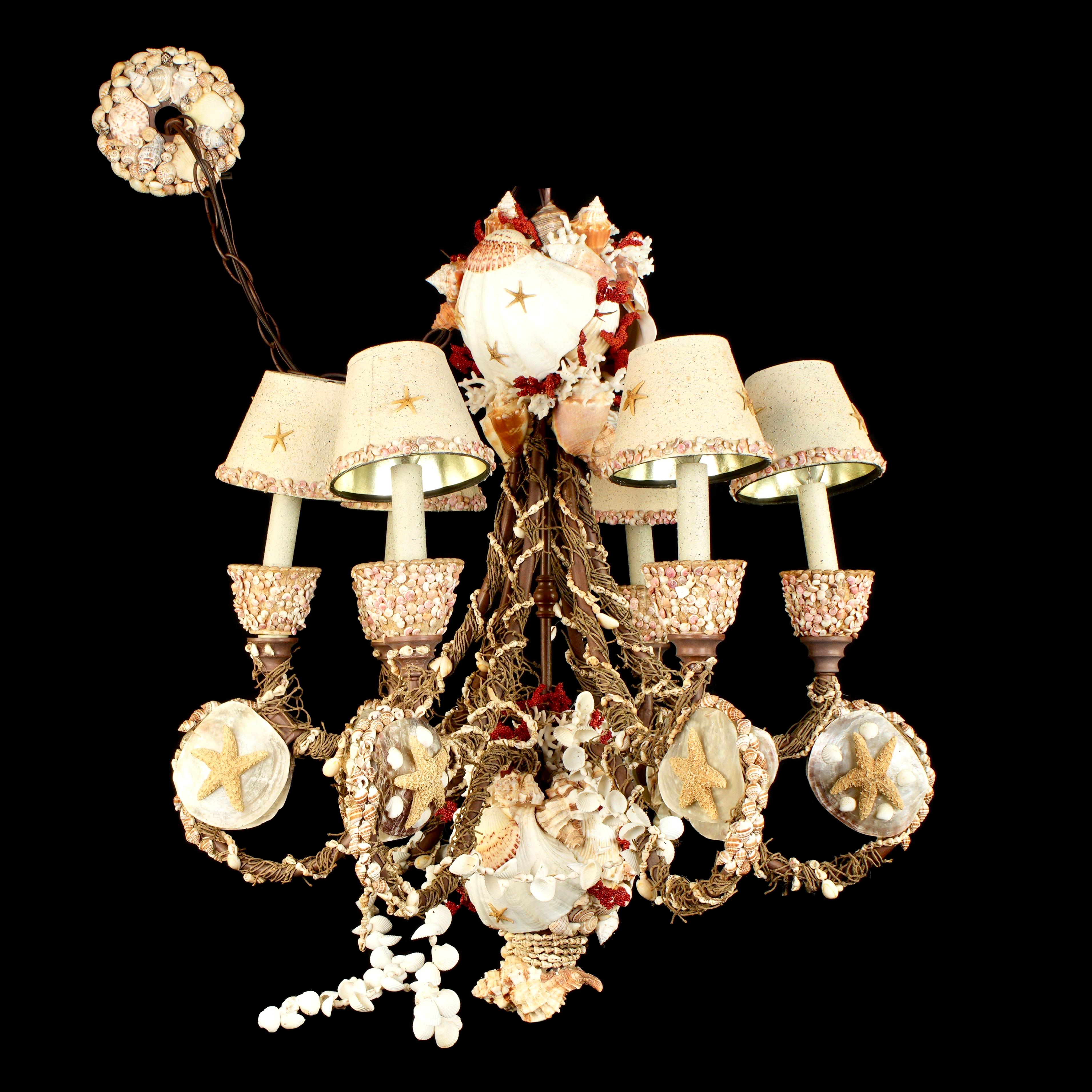 Organic Modern Seashell Shell Encrusted 6 Arm Chandelier For Sale