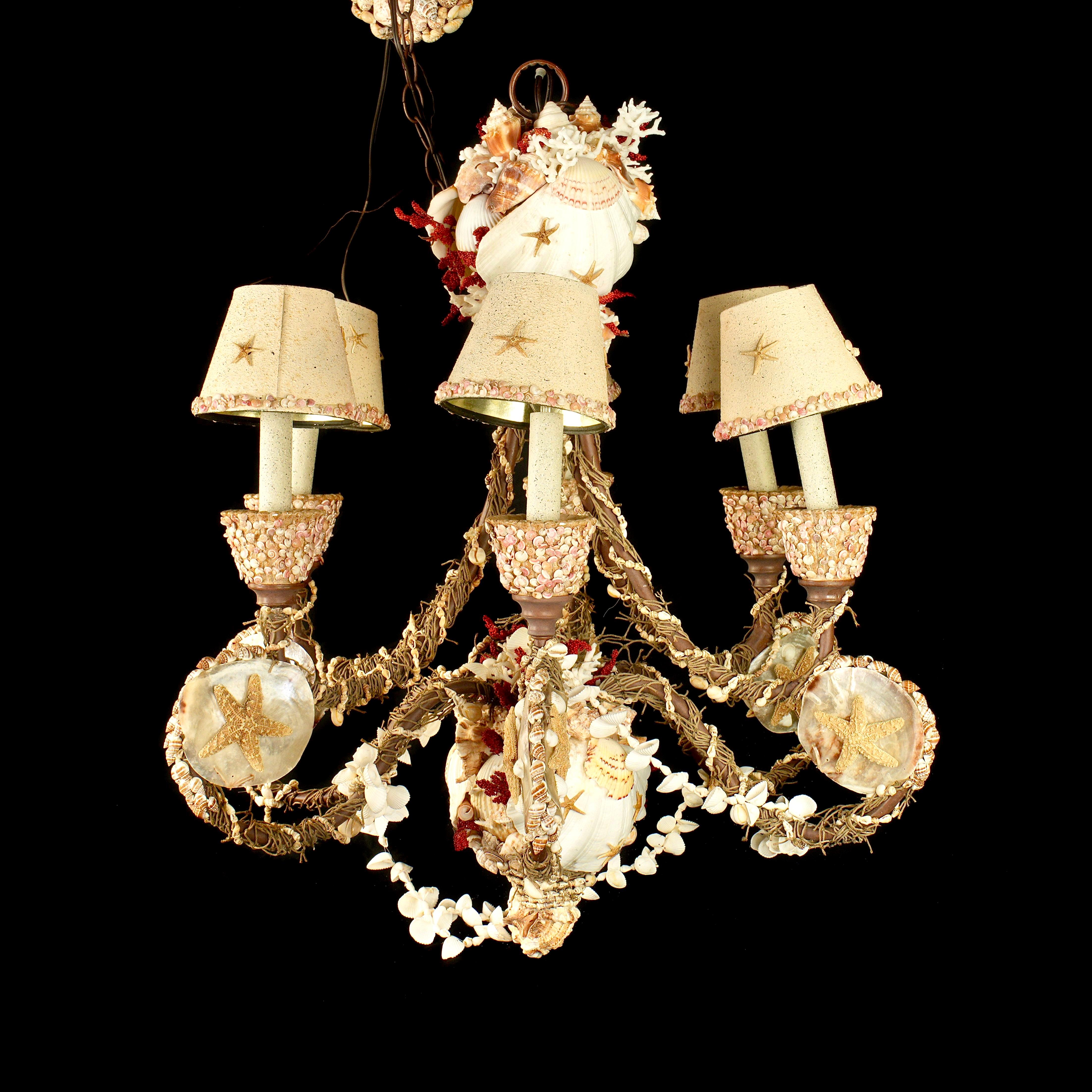 American Seashell Shell Encrusted 6 Arm Chandelier For Sale