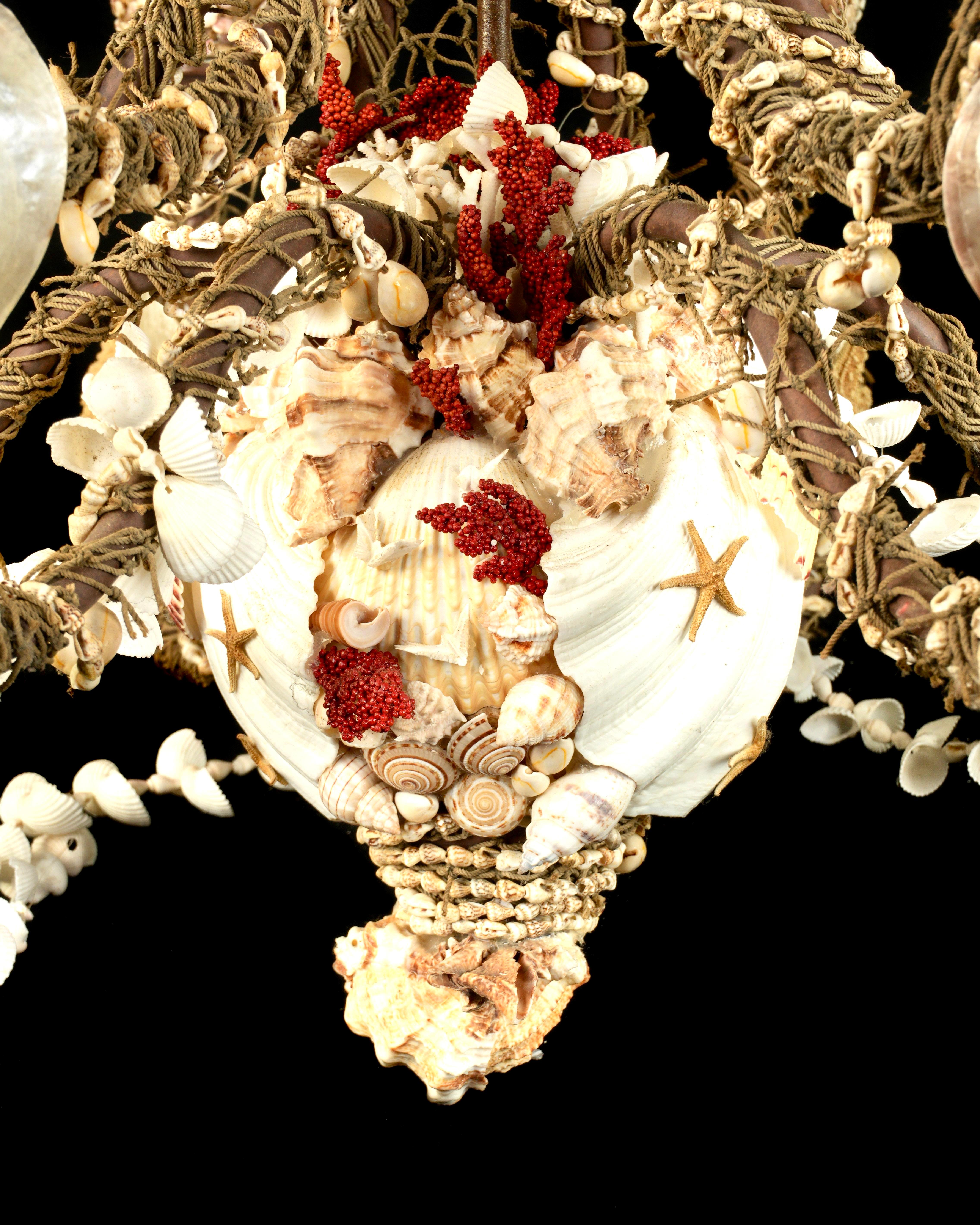 Seashell Shell Encrusted 6 Arm Chandelier In Good Condition For Sale In Bradenton, FL