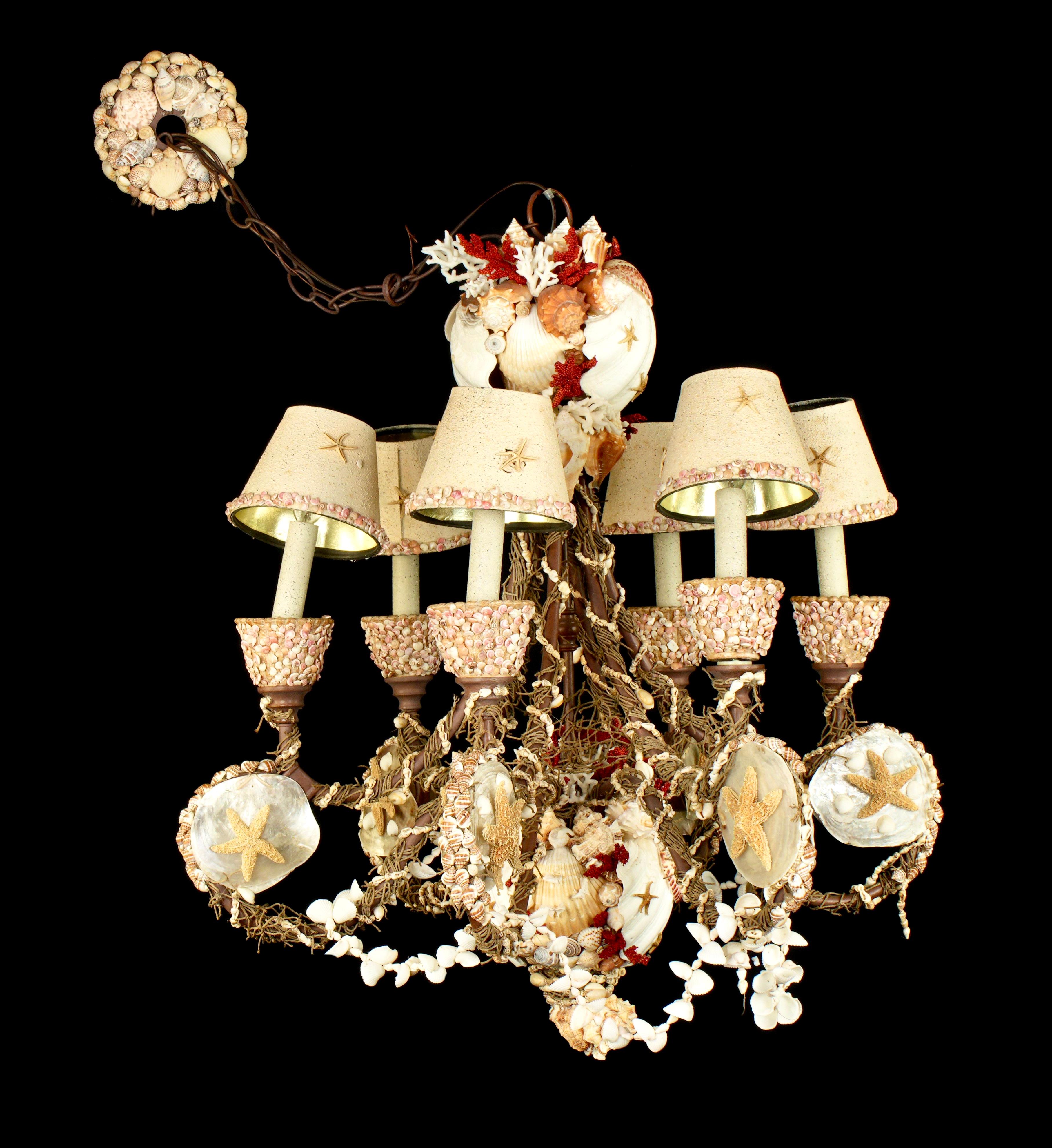 Copper Seashell Shell Encrusted 6 Arm Chandelier For Sale