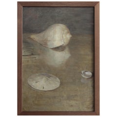 Seashells and Sand Dollar, Still Life Shell Arrangement, Oil on Panel Painting