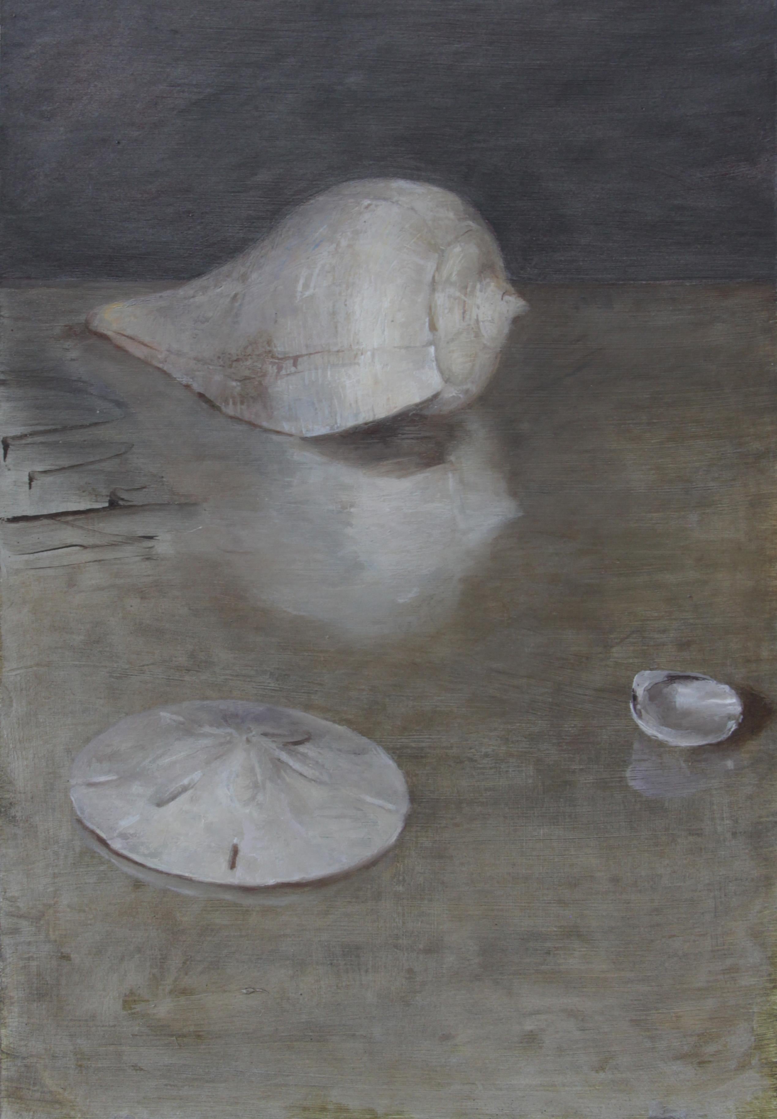 The classically composed still life of three shells by Helen Oh brings the viewer in with its richness of color and dreamy quality of the surface. The inherent beauty of the shells are emphasized by the soft surfaces begging the viewer to reach out