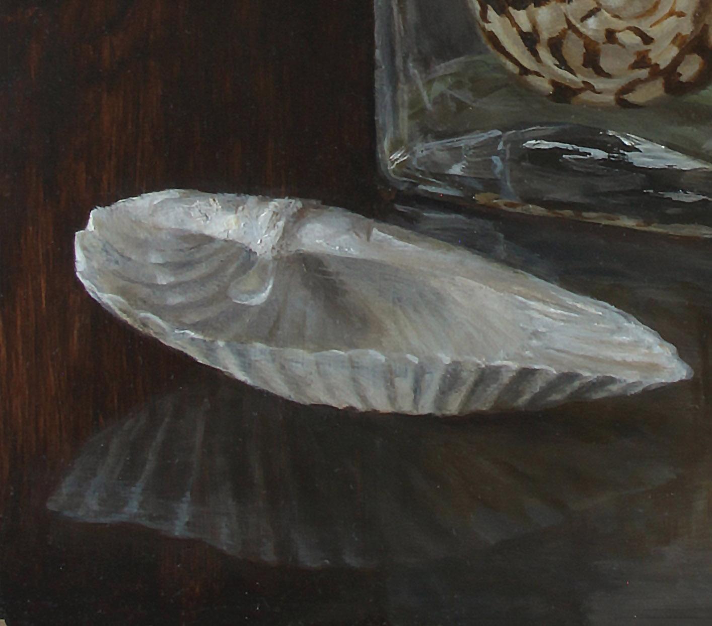 A water filled jar holds two seashells while a third has fallen to the table. The varied textures, shapes and colors of the three shells are rendered with careful detail, from the pale pink pearled interior to the brown spots of the immersed shell.