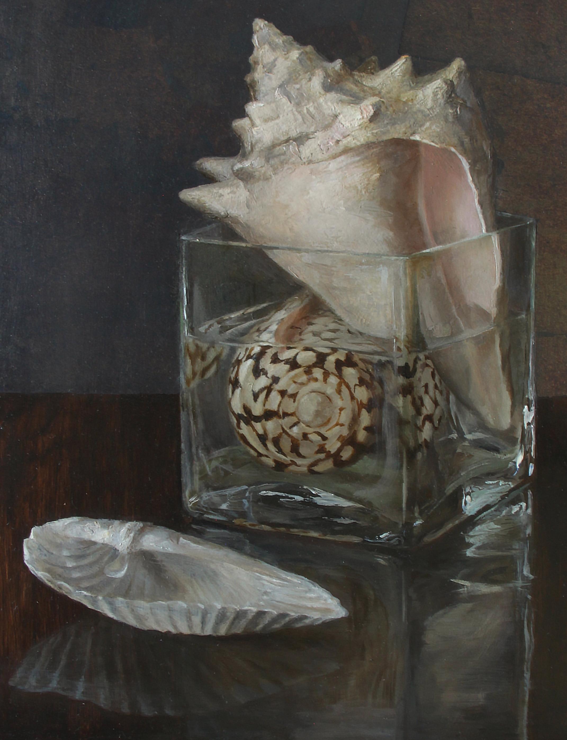 Modern Seashells in Jar, Oil on Silver Leaf on Copper Panel Still Life Oil Painting