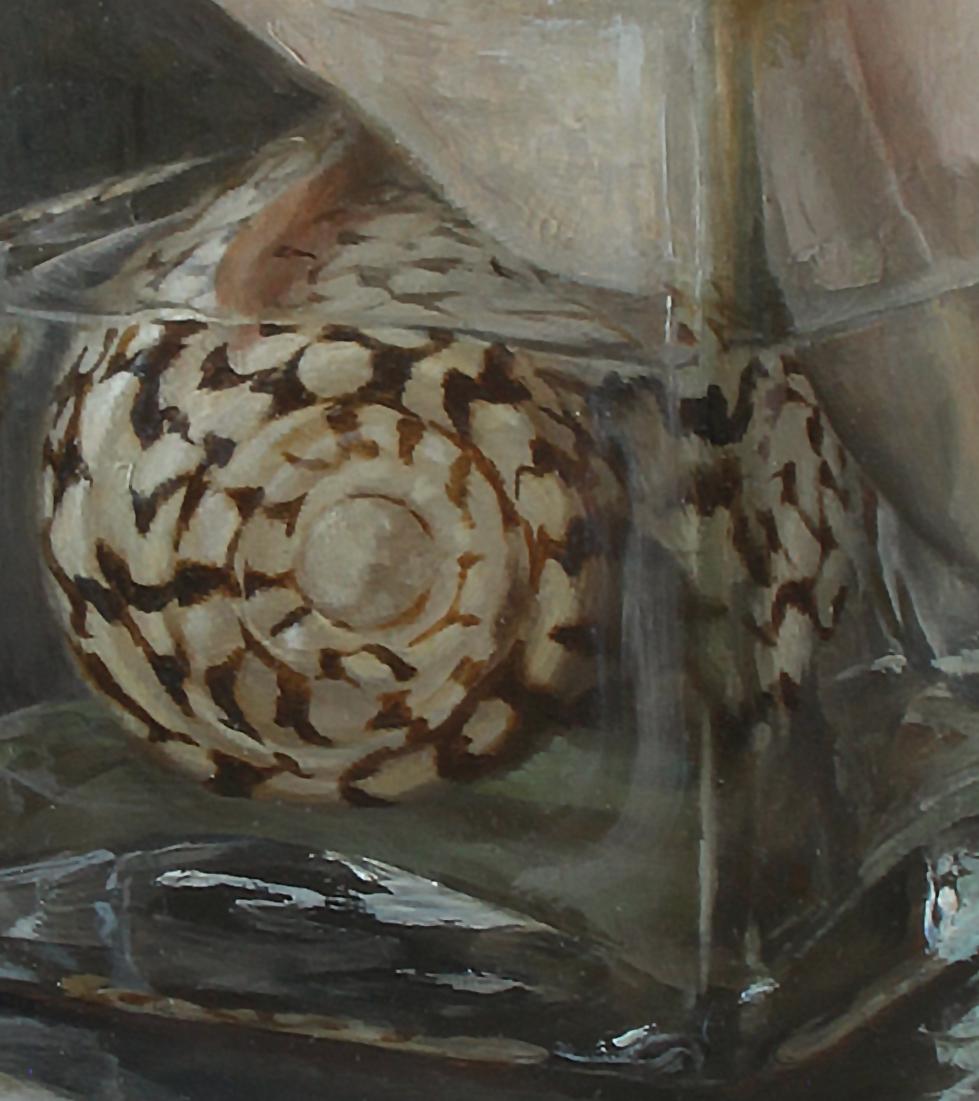 American Seashells in Jar, Oil on Silver Leaf on Copper Panel Still Life Oil Painting