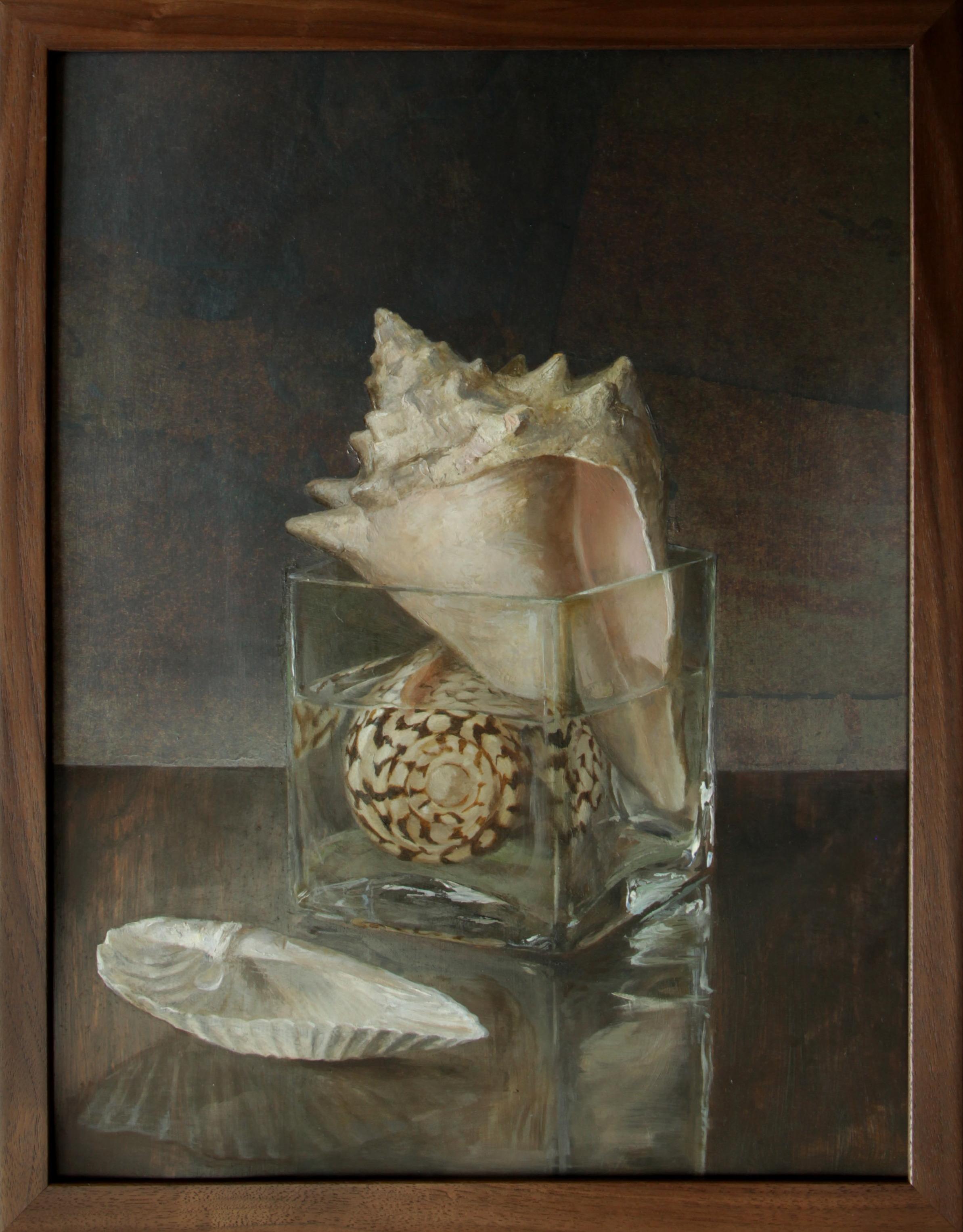 Hand-Painted Seashells in Jar, Oil on Silver Leaf on Copper Panel Still Life Oil Painting