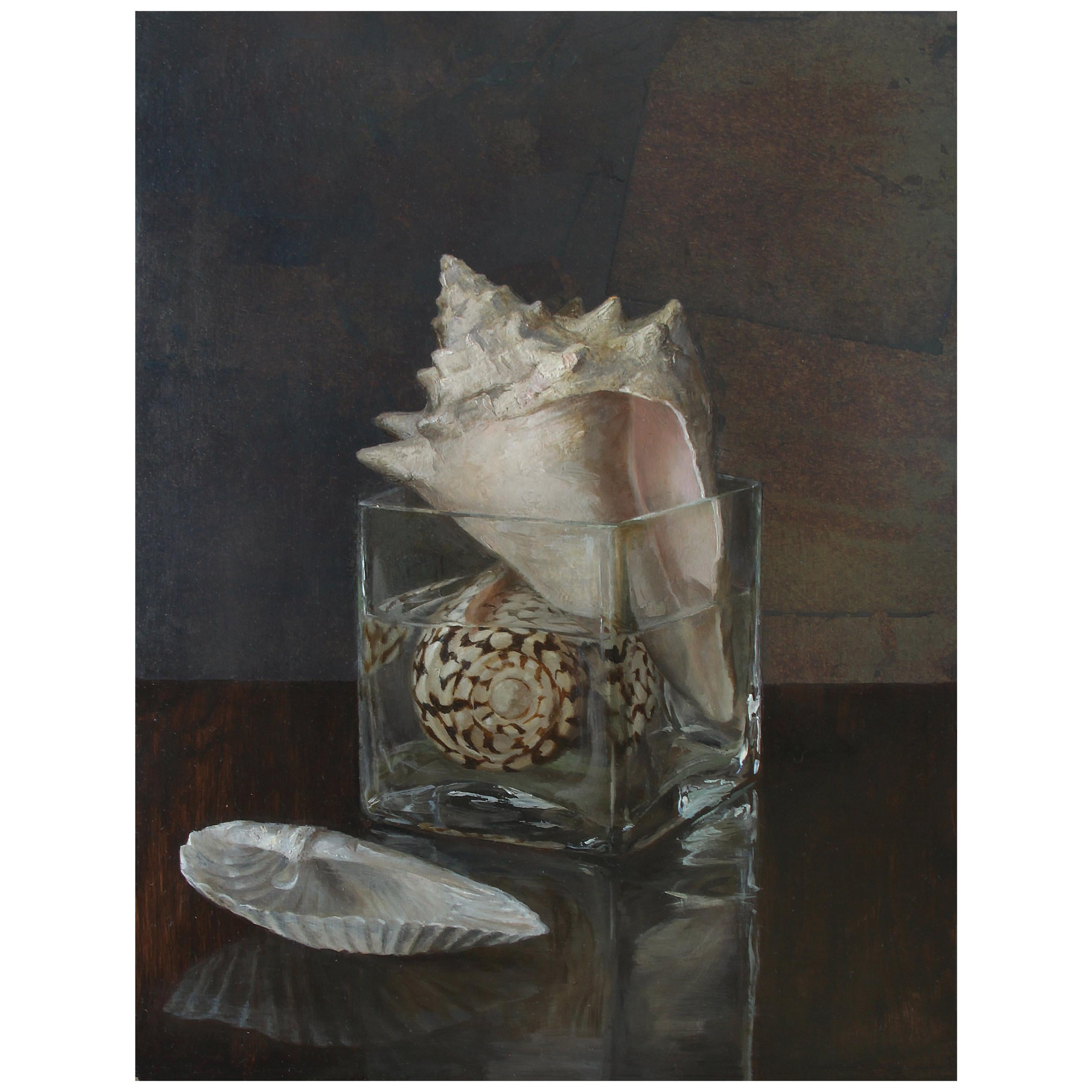 Seashells in Jar, Oil on Silver Leaf on Copper Panel Still Life Oil Painting