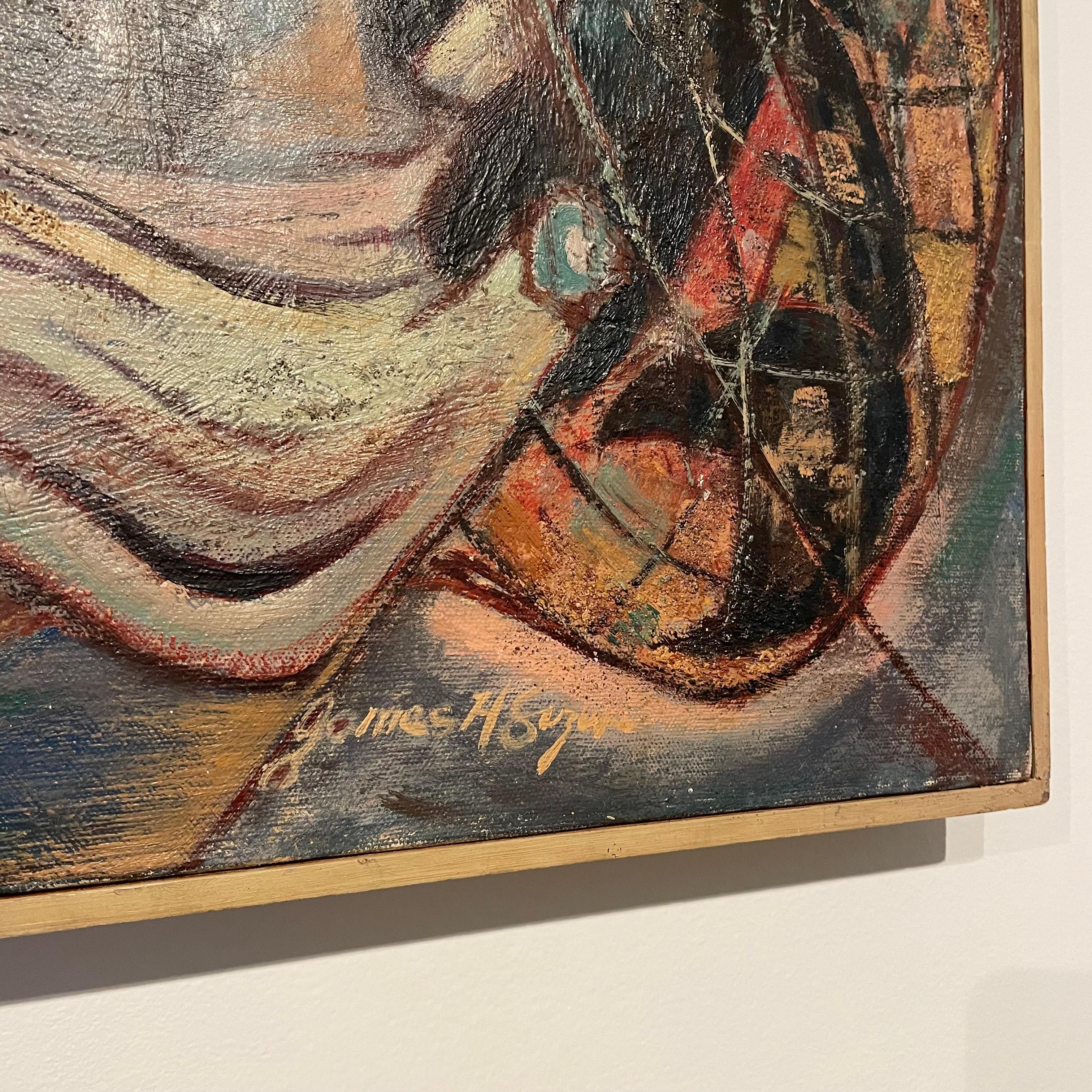 Early nautical painting by artist James Hiroshi Suzuki (b. 1933)
Painted in the early 1950’s this piece depicts the seashore with driftwood and urchins with organic modern forms most likely from his time in Maine or Washington D.C. 
Suzuki’s works