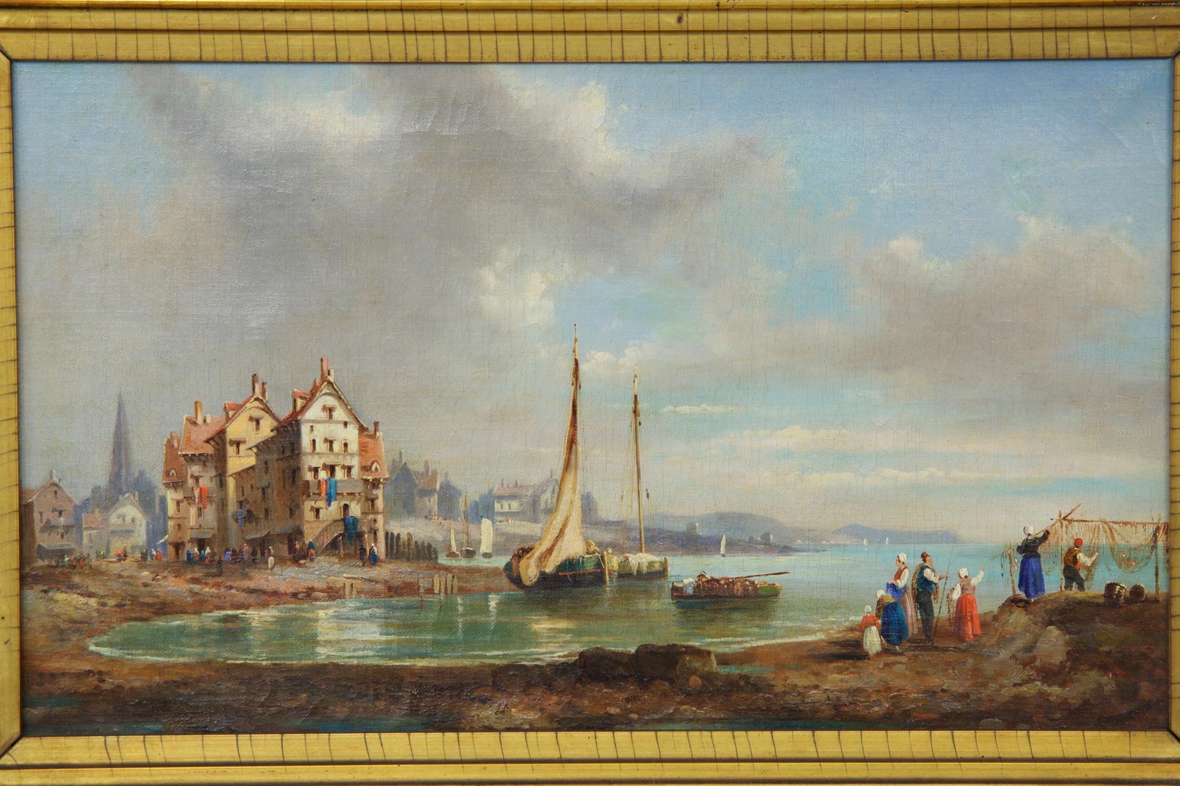 Continental landscape painting of a seaside village
Signed illegibly lower left, executed in oil on canvas, circa mid-late 19th century

This is an attractive mid-late 19th century oil painting on canvas of fishermen and women hanging out their
