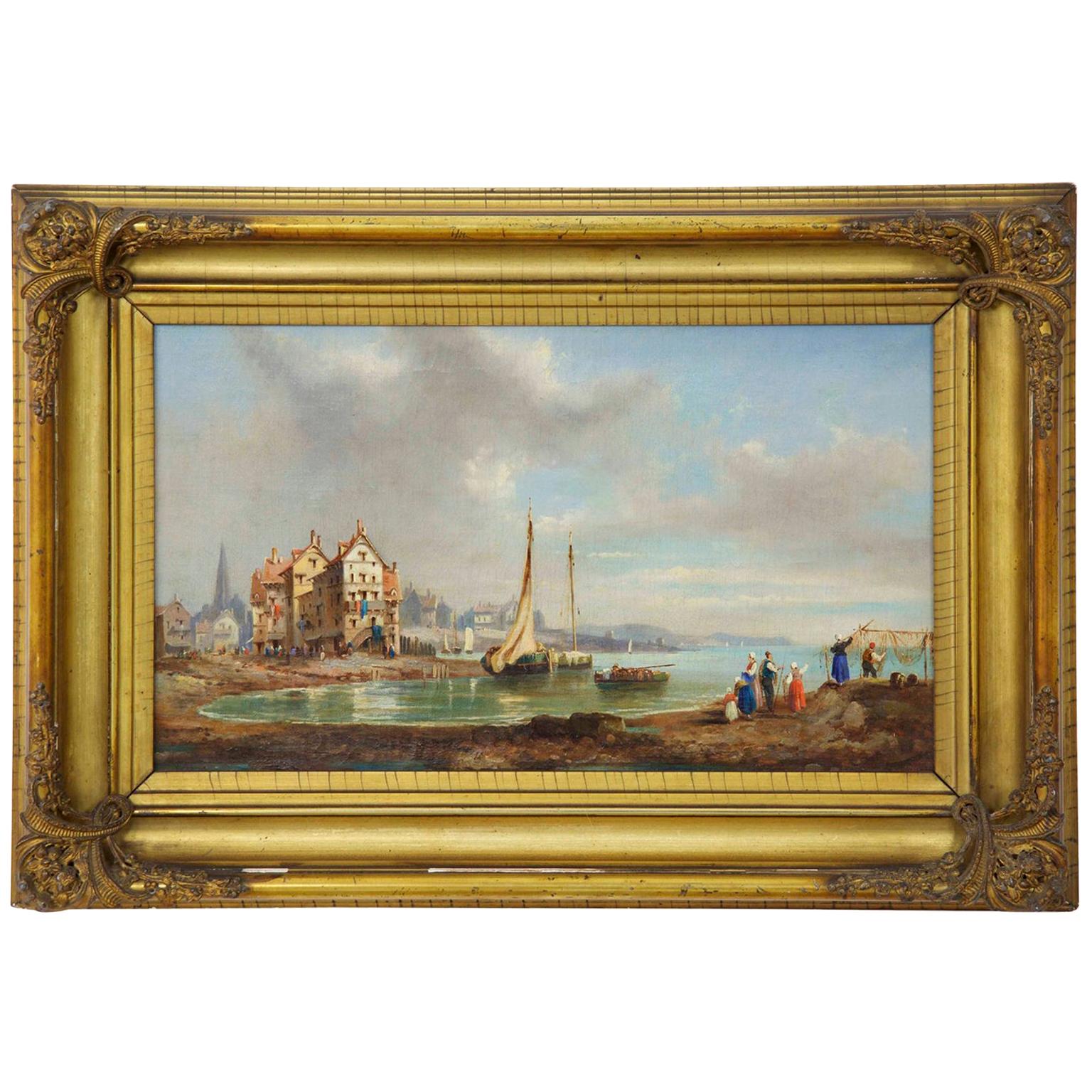 "Seaside Fishing Village", Antique Landscape Oil Painting, 19th Century