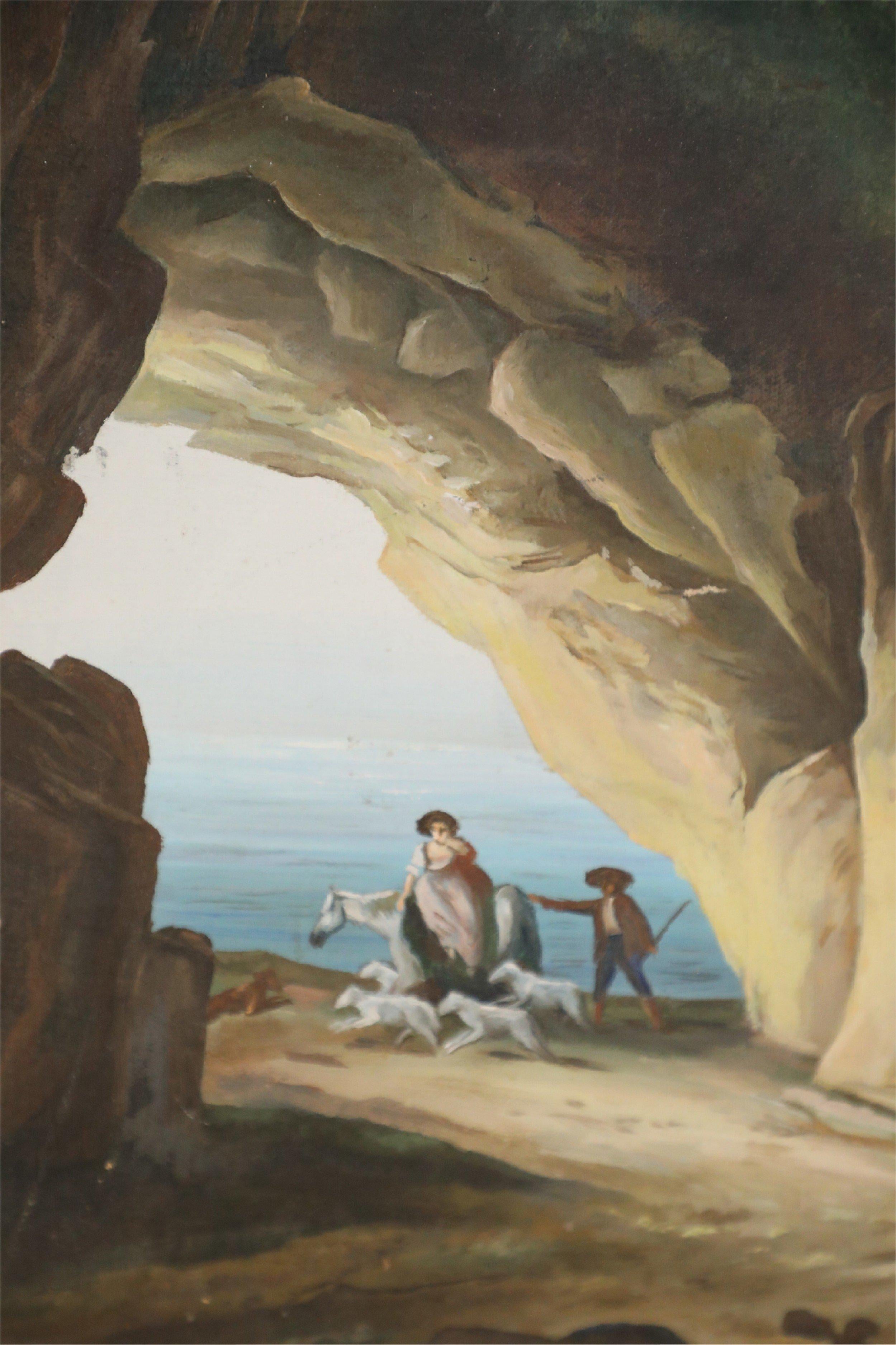 Vintage (20th Century) oil painting of a house atop a natural stone archway, through which shepards with a horse, dog and flock, and the sea, are visible. Painted on rectangular, unframed canvas.
 