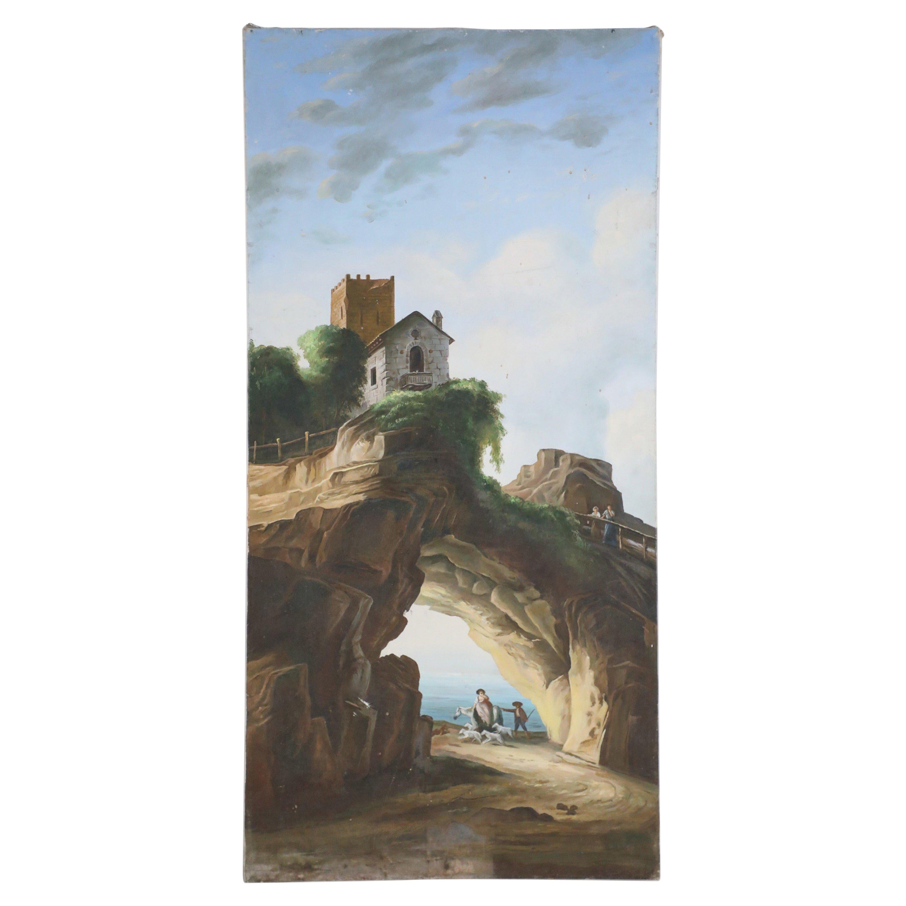 Peinture à l'huile sur toile - Maison de bord de mer sur un arc de pierre naturelle