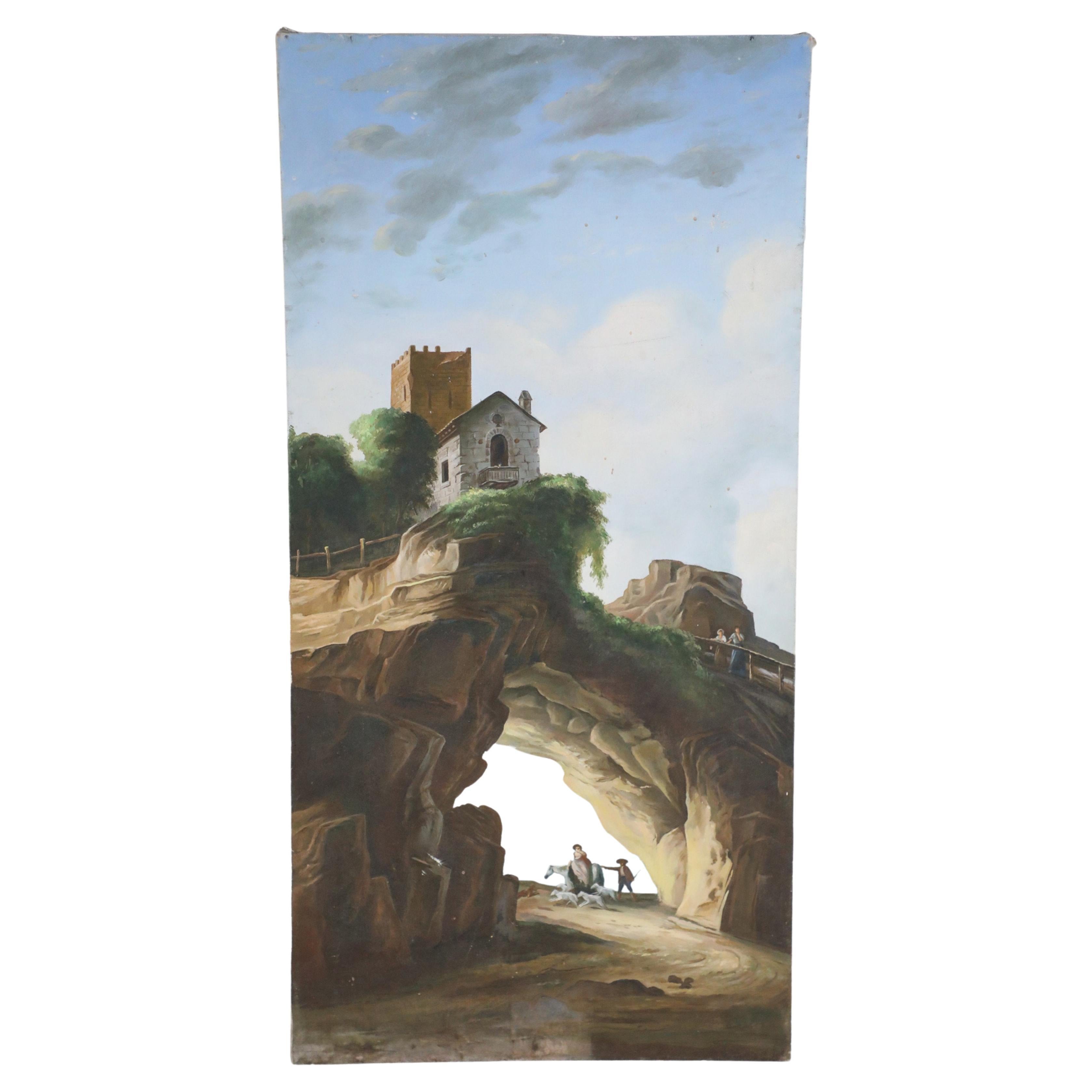 Peinture à l'huile sur toile - Maison de bord de mer sur un arc de pierre naturelle