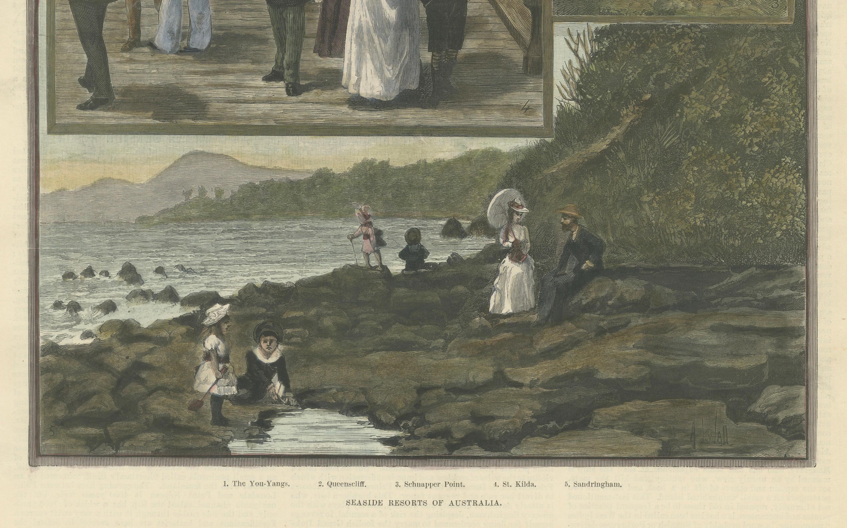 Estaciones balnearias de Australia - Illustrated London News, 1889  

Este vibrante grabado en madera coloreado a mano, publicado en *The Illustrated London News* el 12 de octubre de 1889, ofrece una pintoresca visión de las actividades de ocio