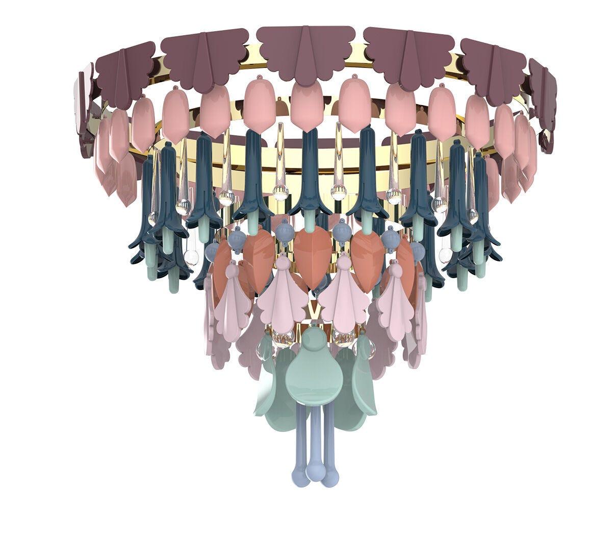 Chandelier from the Seasons collection, inspired by the Art Decó style and nature.

The Seasons collection combines the unmistakable stamp of Art Decó with the wealth of colors and forms of the different seasons of the year. A masterful treatment of