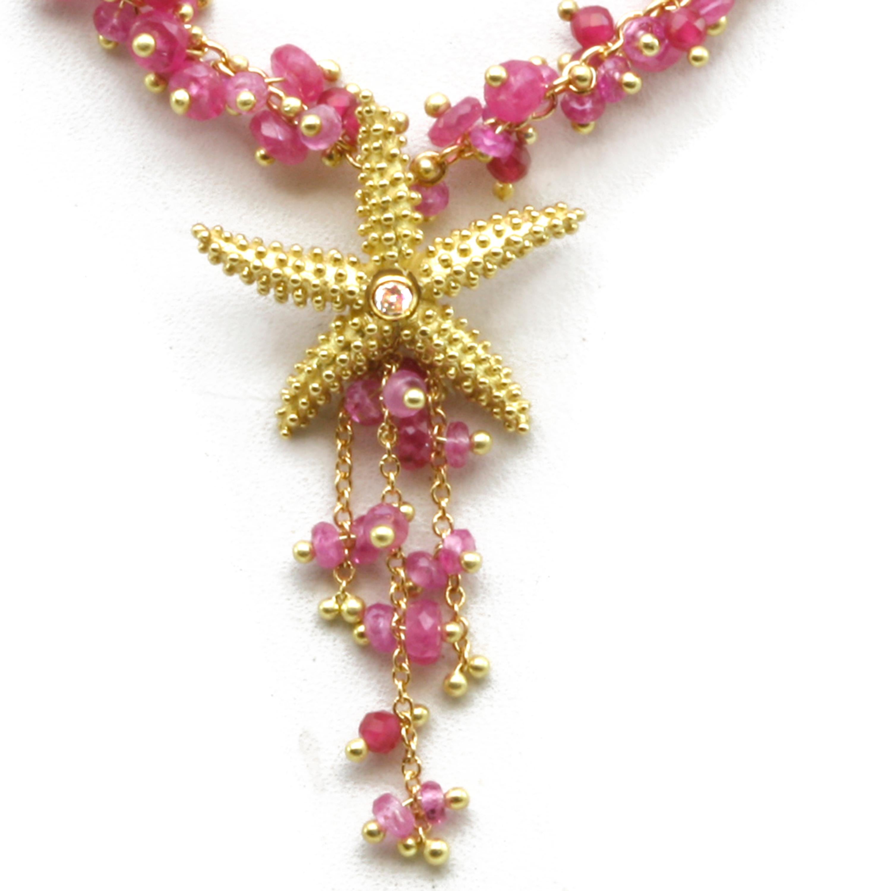 Diana Kim England Seastar Necklace with Pink Sapphire Faceted Beads in 18k Gold In New Condition For Sale In Red Hook, NY