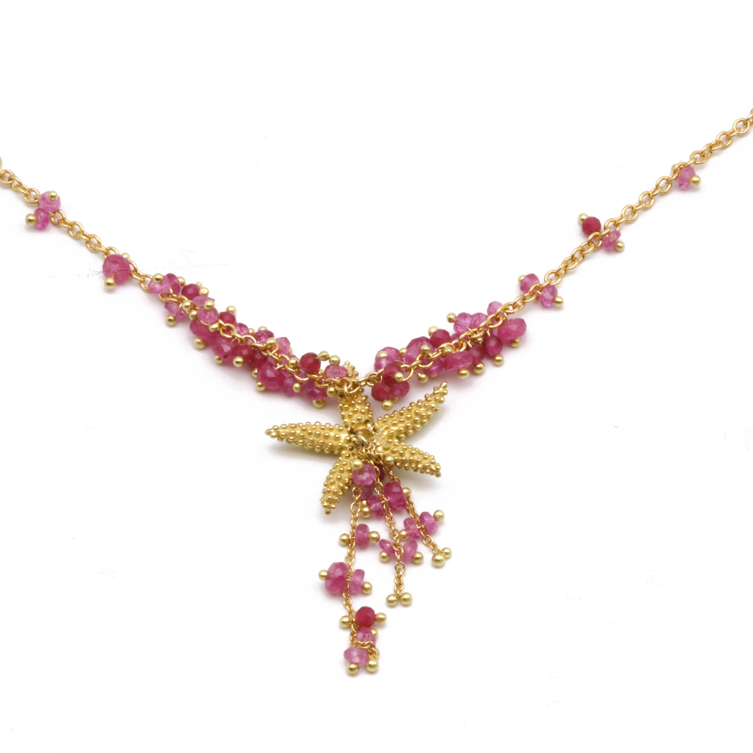 Diana Kim England Seastar Necklace with Pink Sapphire Faceted Beads in 18k Gold For Sale 1