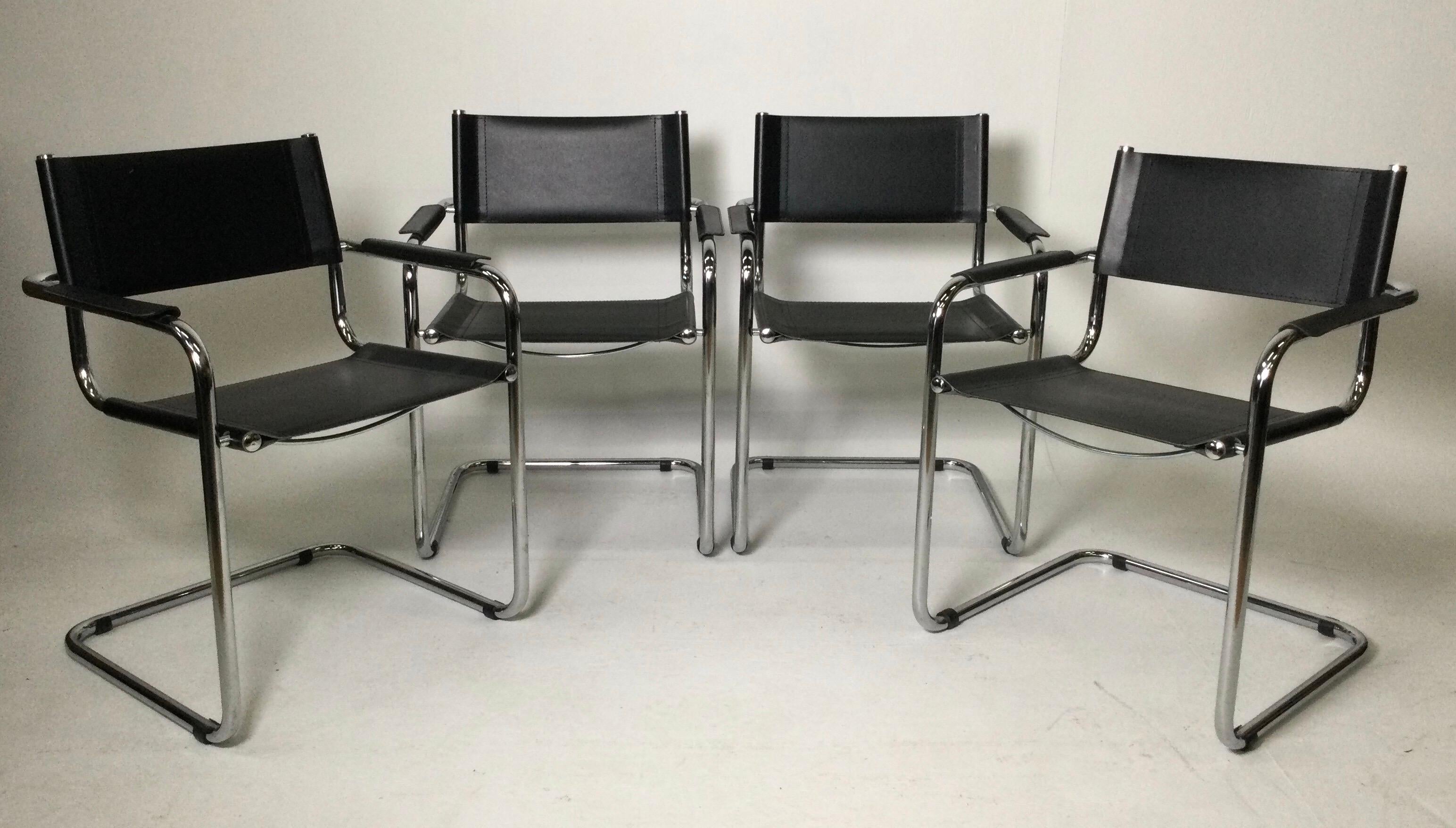 Italian Set of 4 Black Leather Chrome Plated Tubular Steel Cantilever Style Arm Chairs