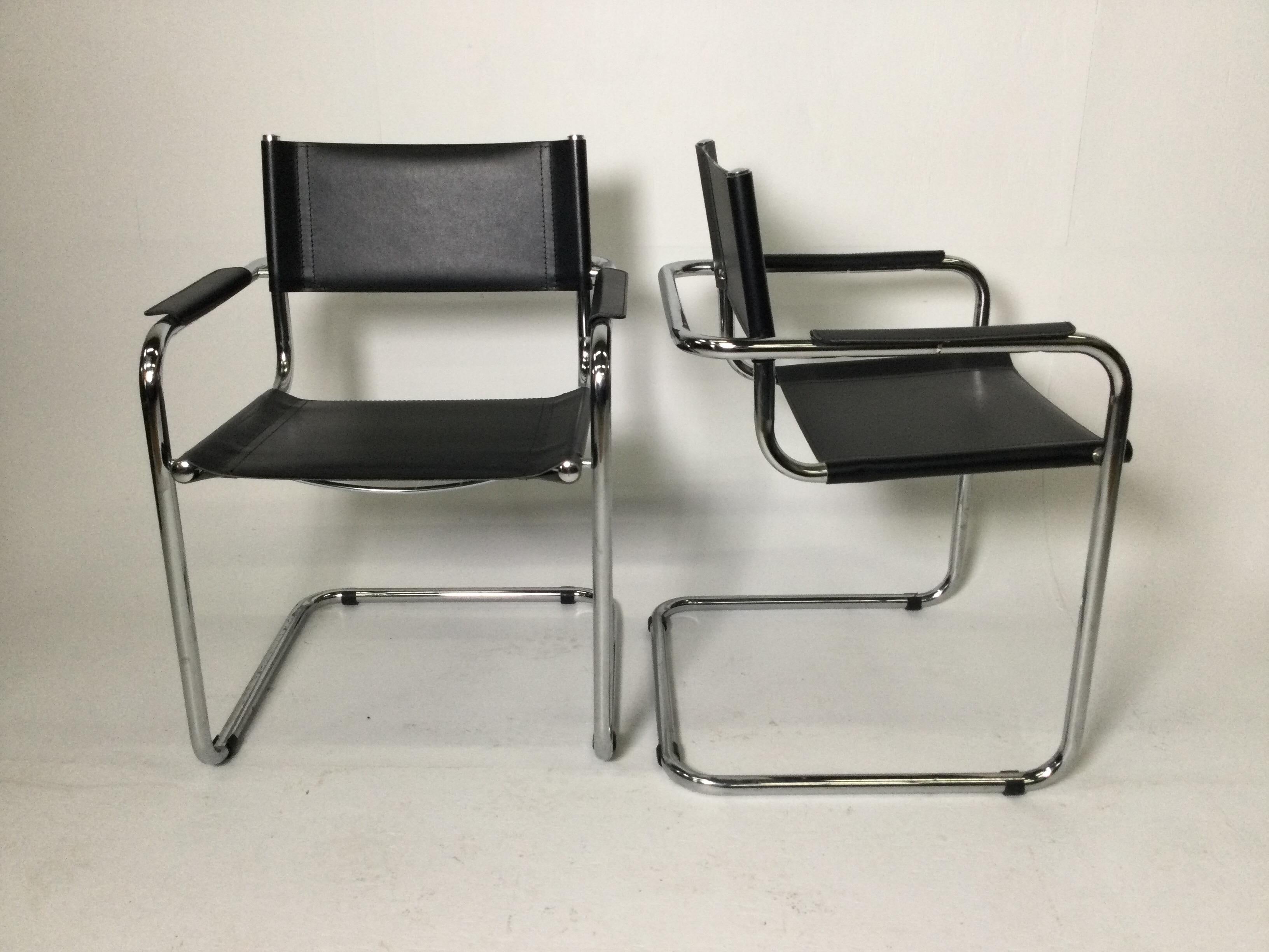 Set of 4 Black Leather Chrome Plated Tubular Steel Cantilever Style Arm Chairs In Good Condition In Lambertville, NJ