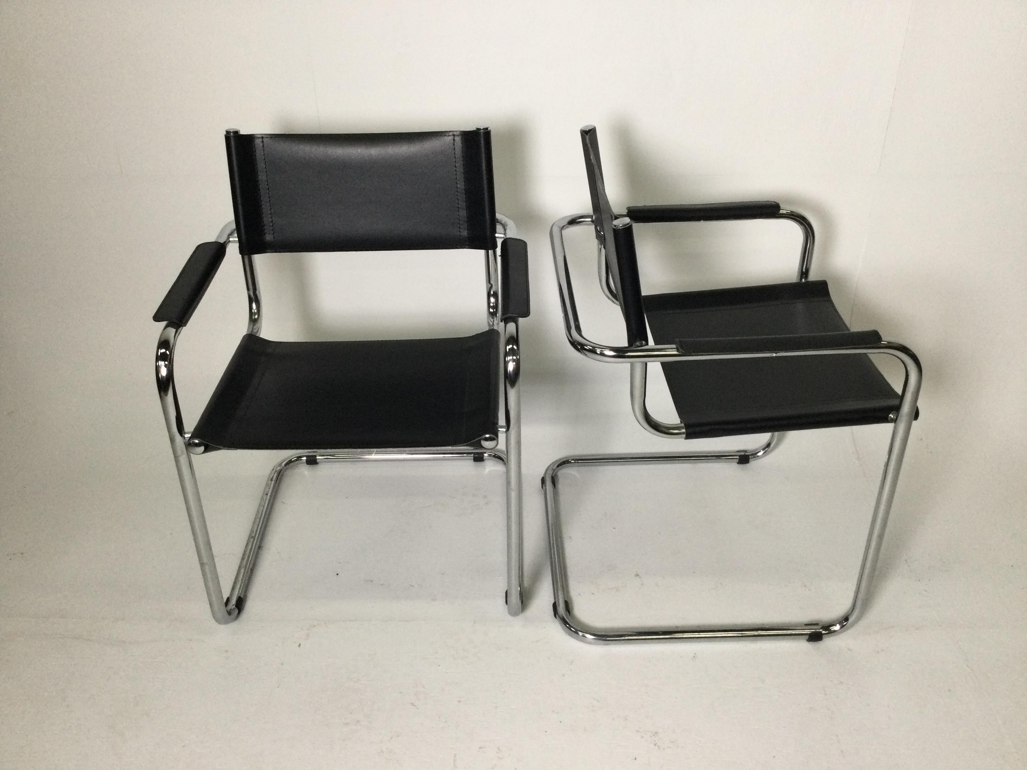 20th Century Set of 4 Black Leather Chrome Plated Tubular Steel Cantilever Style Arm Chairs