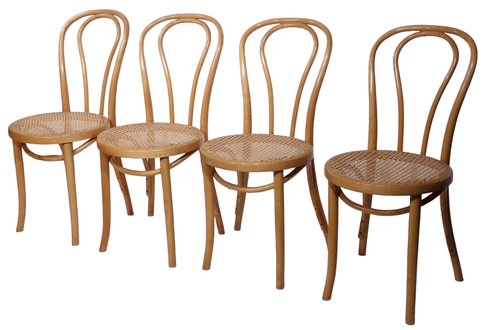 Cane Seat of Four Bentwood Bistro Cafe Dining Chairs att. to Thonet marked FMG