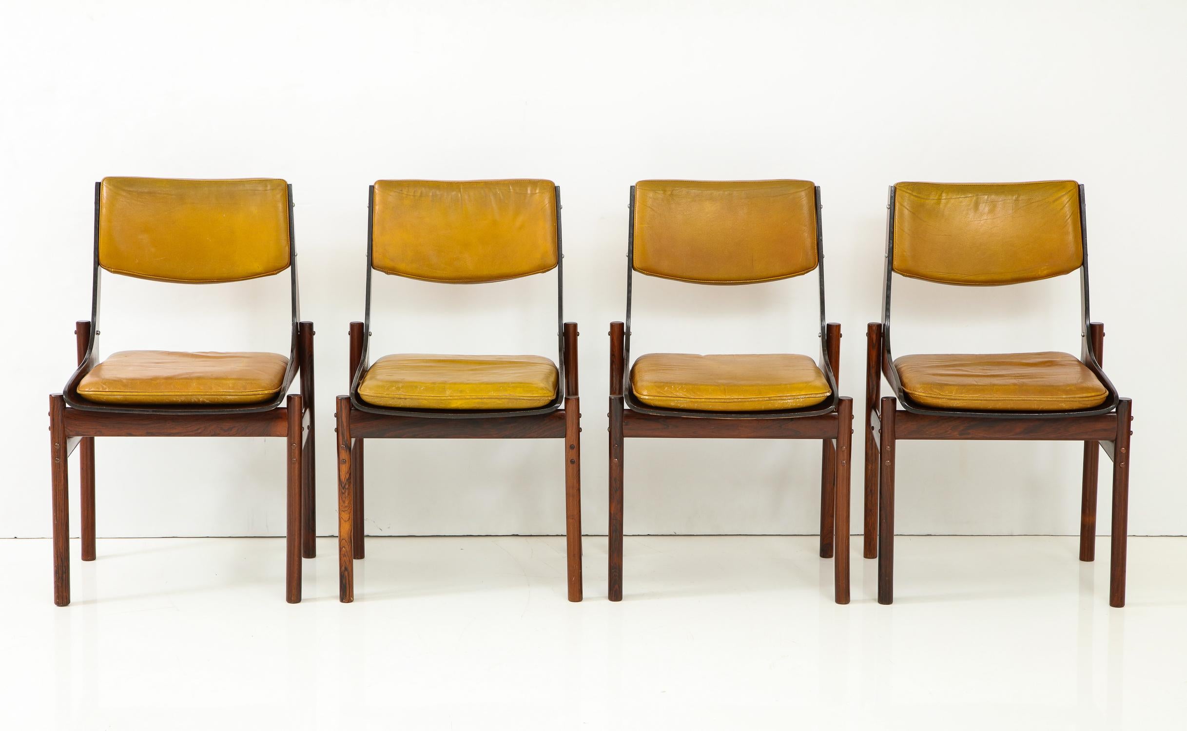 Mid-Century Modern Seat of Four Jacaranda and Leather Chairs from Brazil