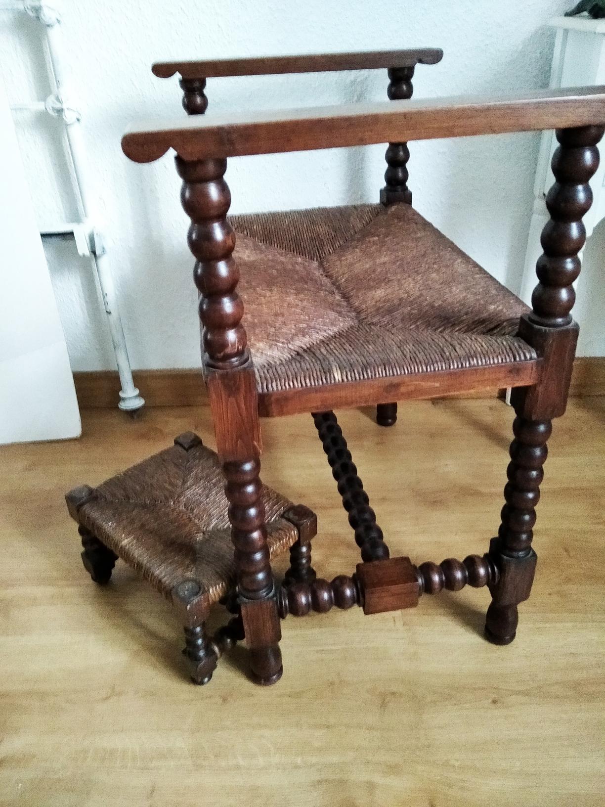Renaissance Revival Stool  with Footstools Turned Legs and Natural Fiber Seat