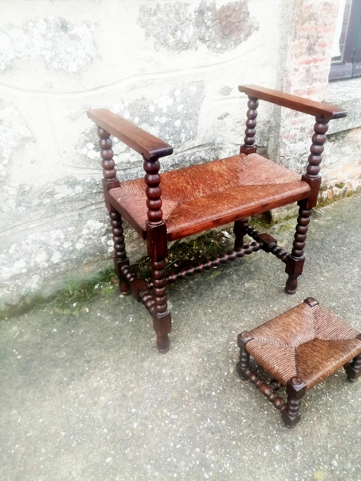 18th Century and Earlier Stool  with Footstools Turned Legs and Natural Fiber Seat