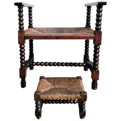 Antique Stool  with Footstools Turned Legs and Natural Fiber Seat