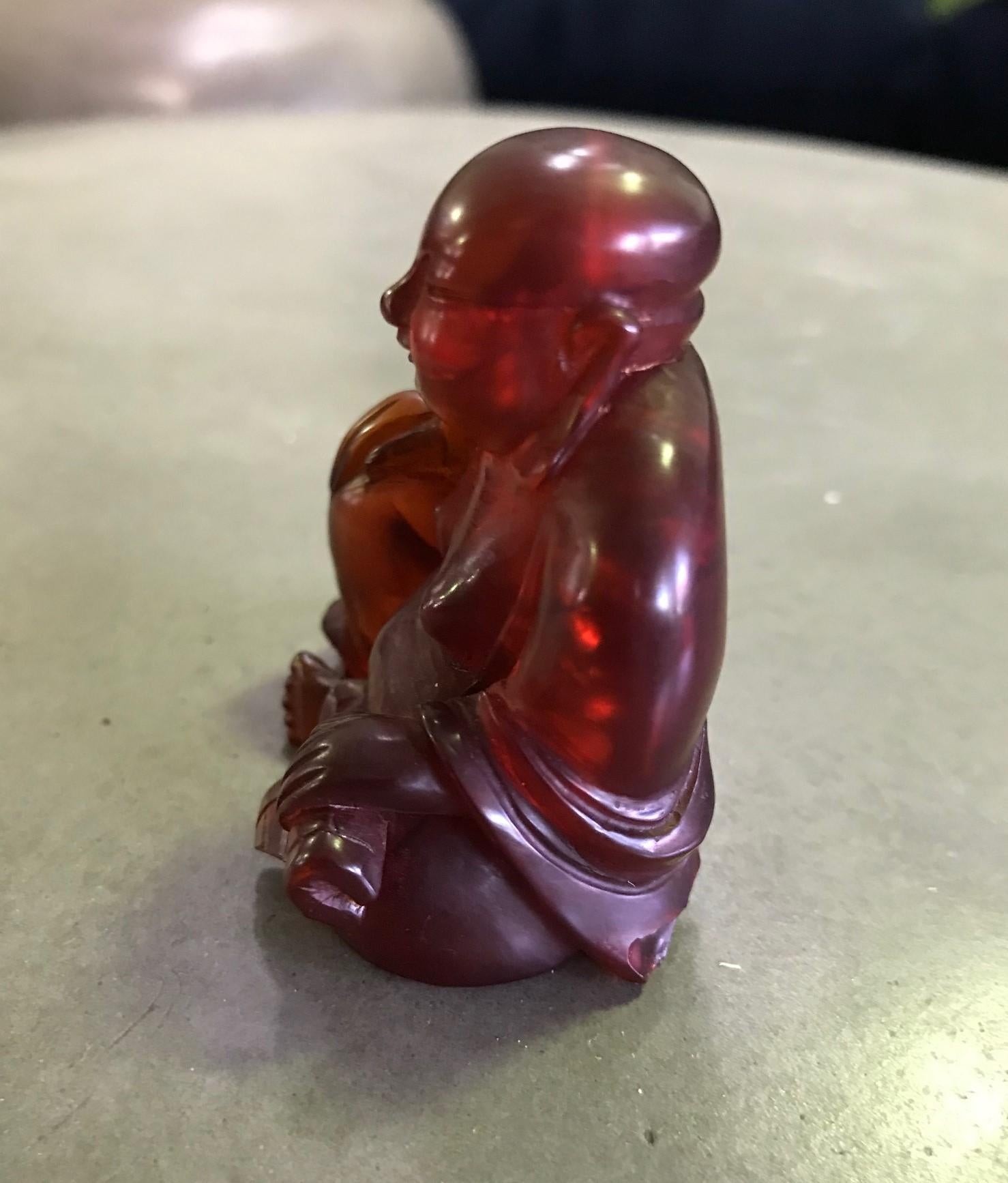 Asian Seated Amber Happy Buddha Carving Sculpture