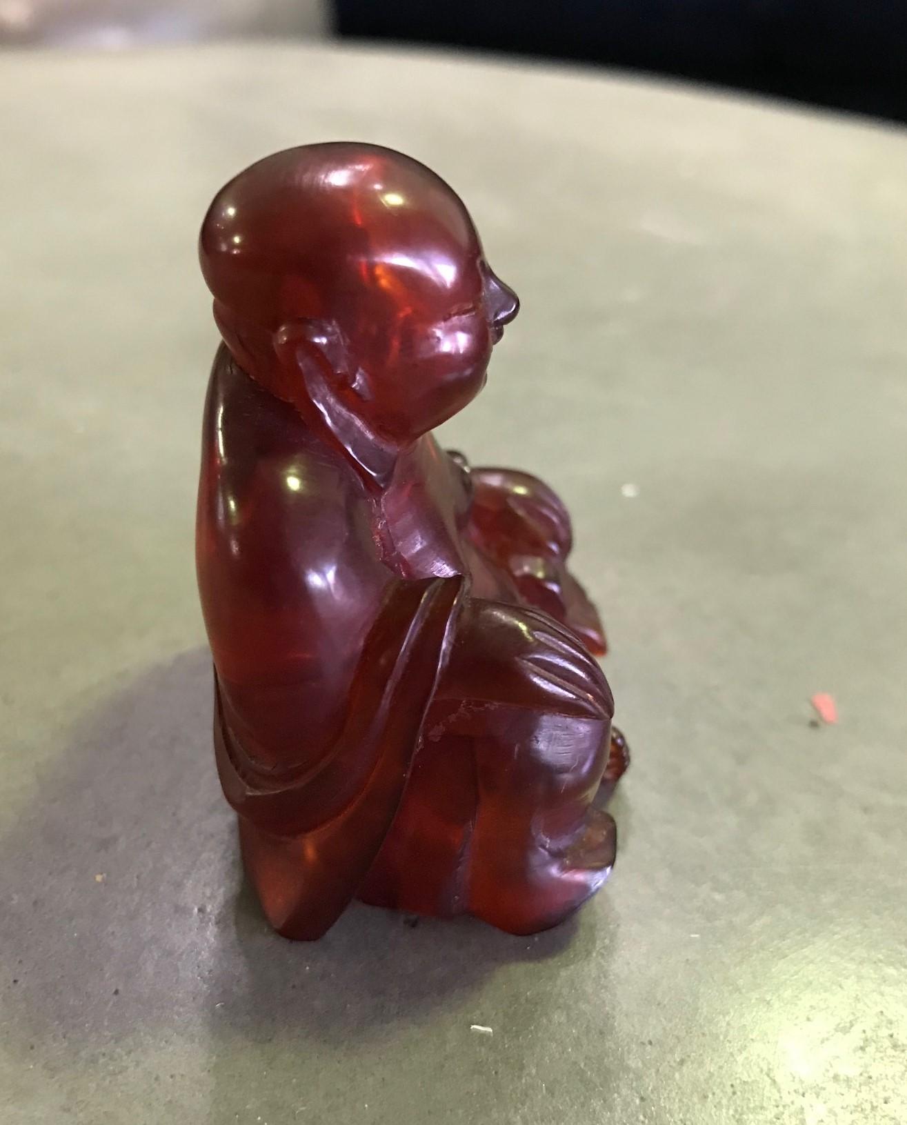20th Century Seated Amber Happy Buddha Carving Sculpture