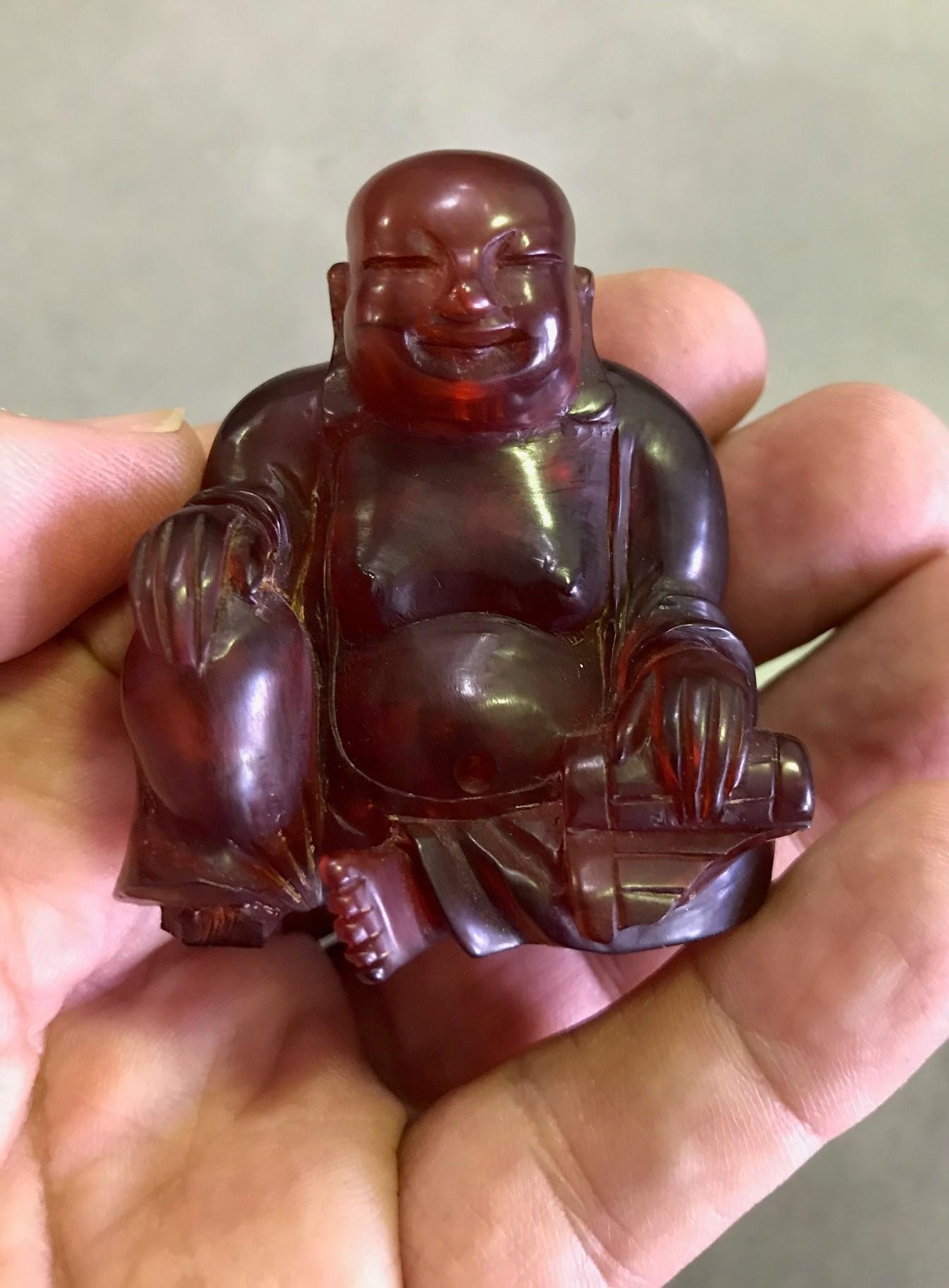 Resin Seated Amber Happy Buddha Carving Sculpture