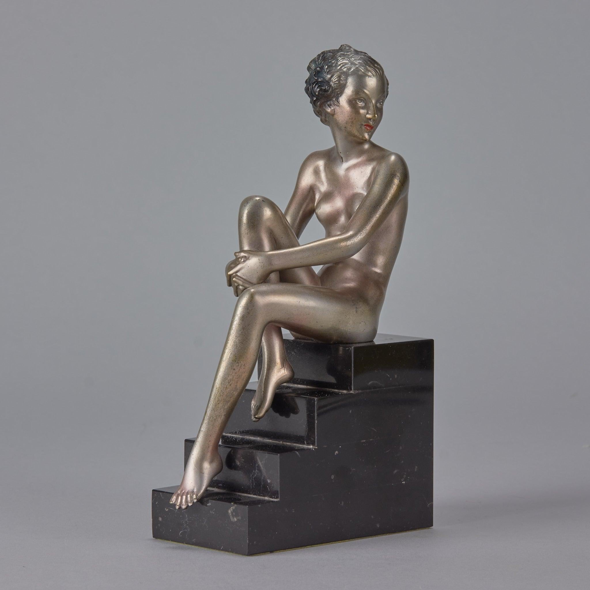 Austrian “Seated Beauty” Art Deco Cold Painted Bronze Sculpture by Josef Lorenzl For Sale