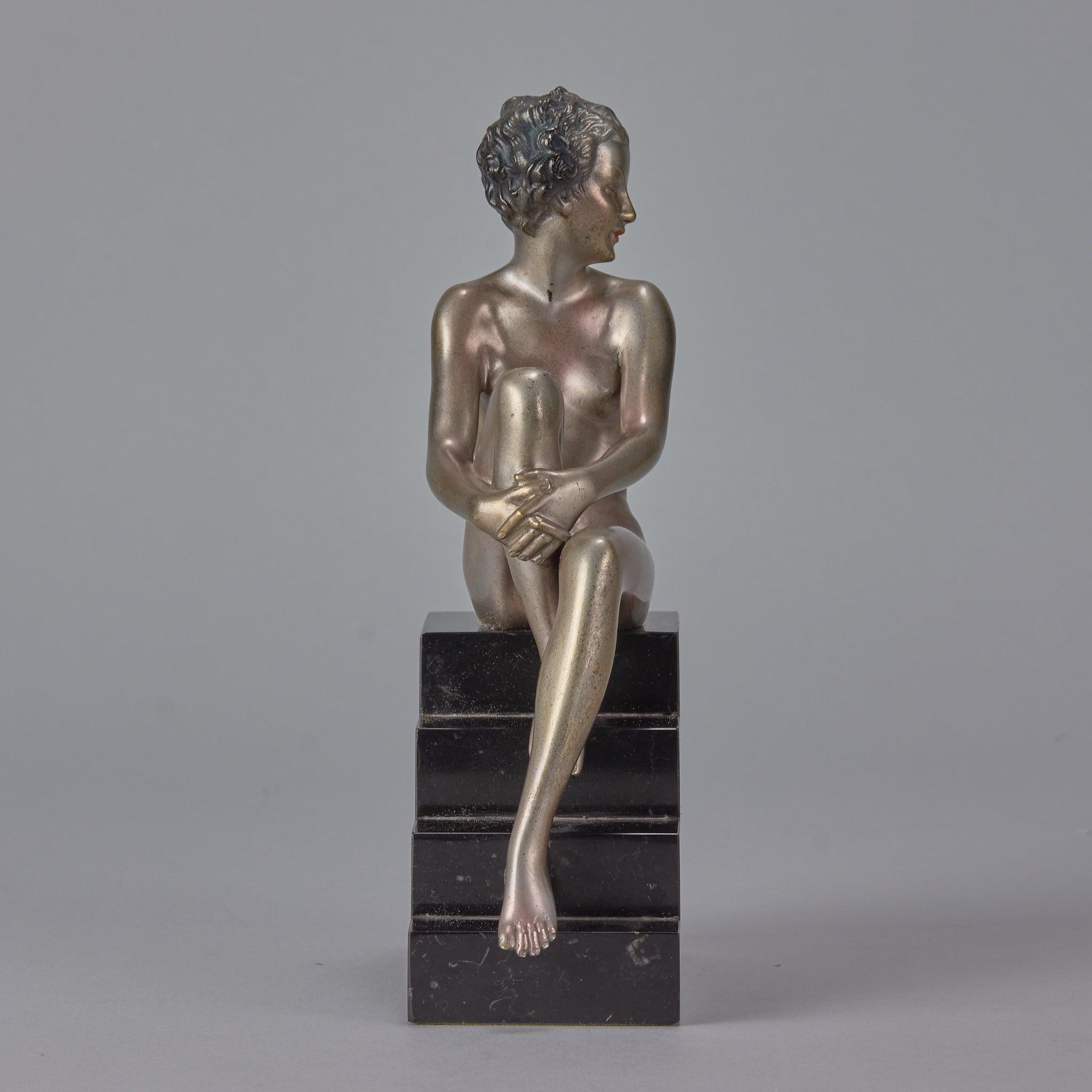 Cold-Painted “Seated Beauty” Art Deco Cold Painted Bronze Sculpture by Josef Lorenzl For Sale