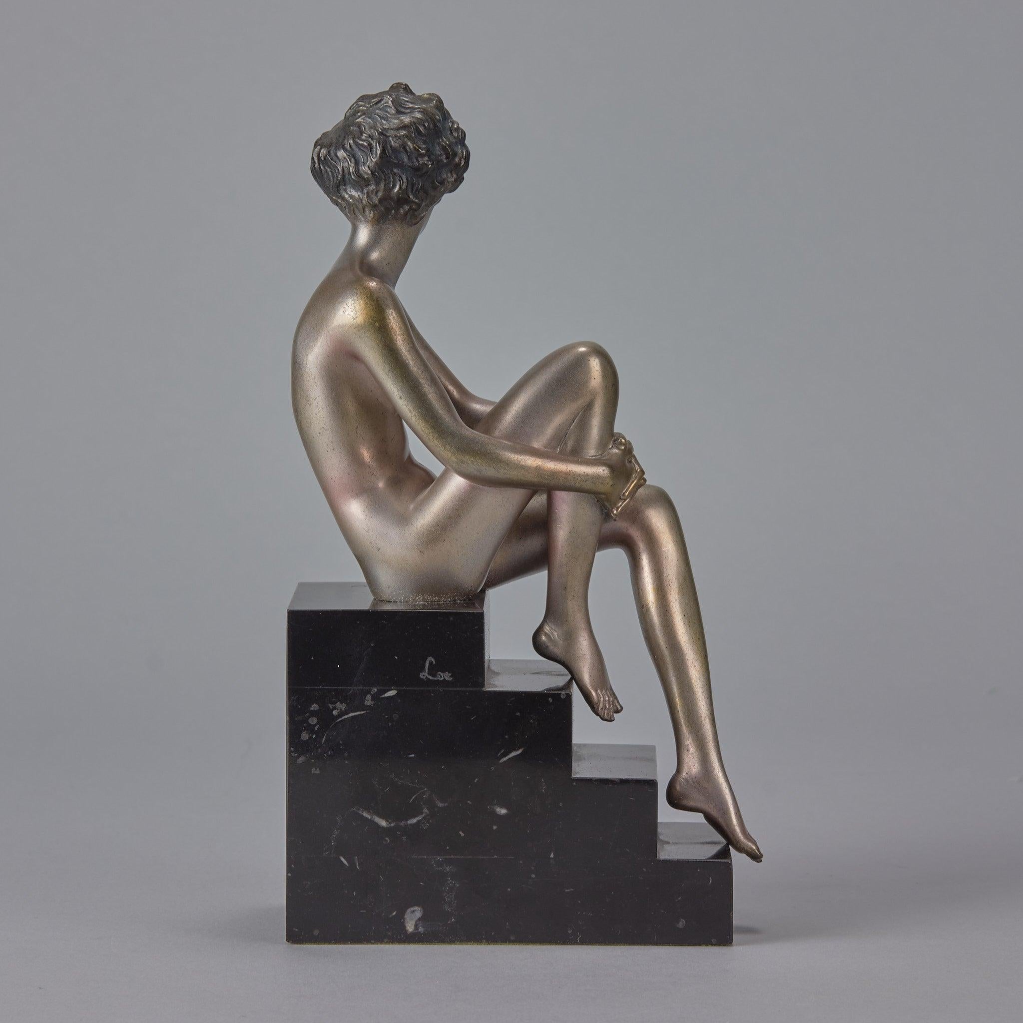 20th Century “Seated Beauty” Art Deco Cold Painted Bronze Sculpture by Josef Lorenzl For Sale