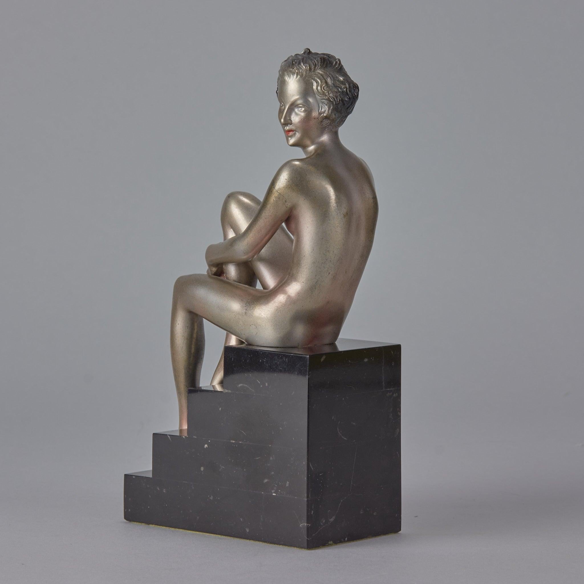 “Seated Beauty” Art Deco Cold Painted Bronze Sculpture by Josef Lorenzl For Sale 3